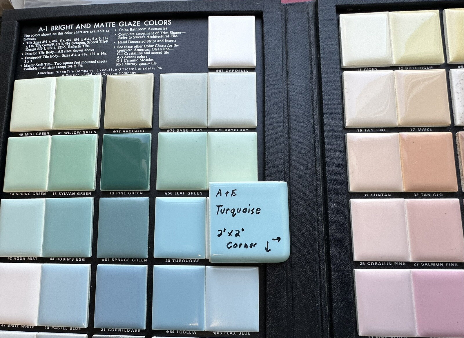 Turquoise: 2″ X 2″ X 5/16″ Ceramic Surface Bullnose Corner Tile, made 1950’s