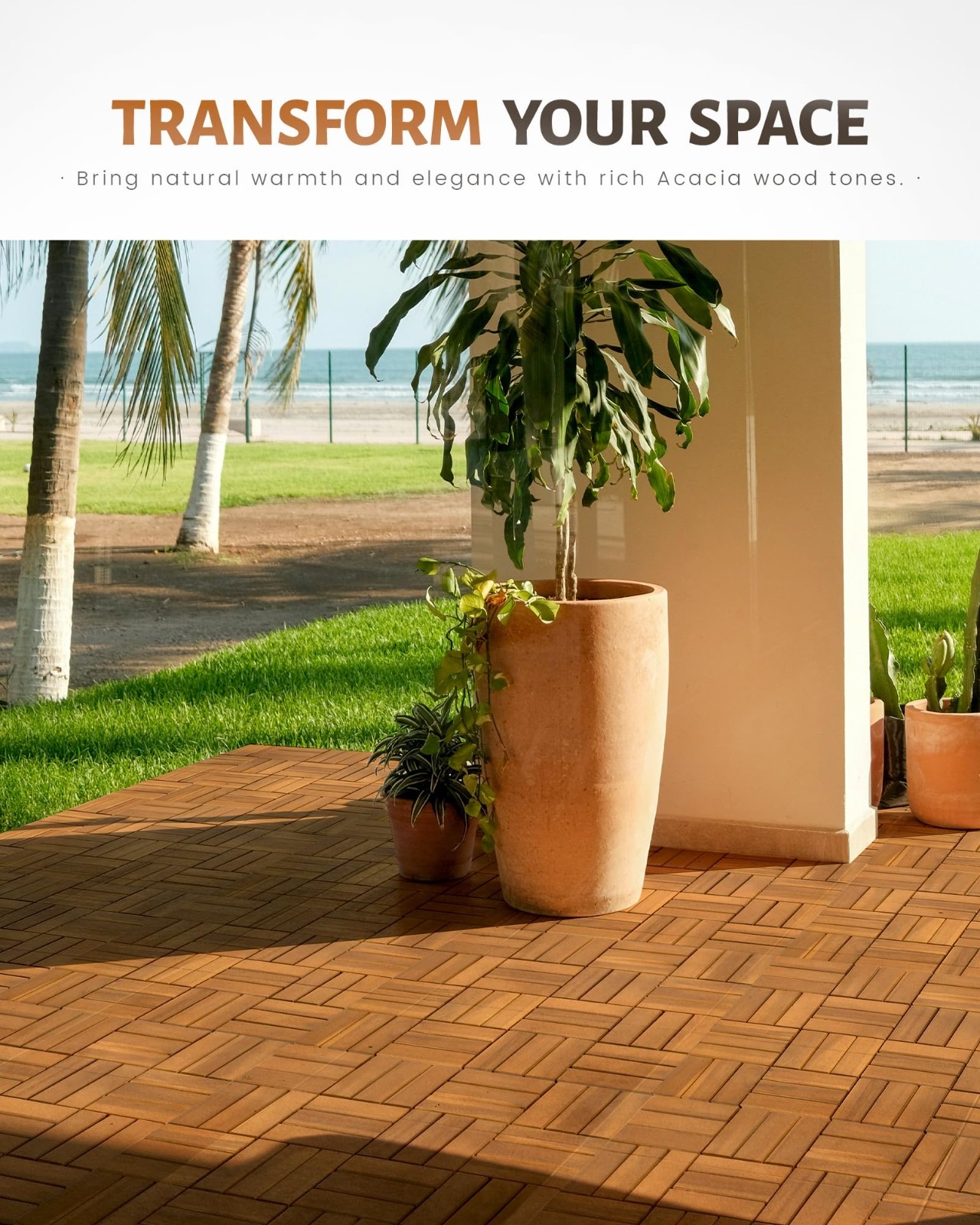 9 PCS Interlocking Deck Tiles 12″x12″ Acacia Wood Outdoor Flooring, Waterproof P