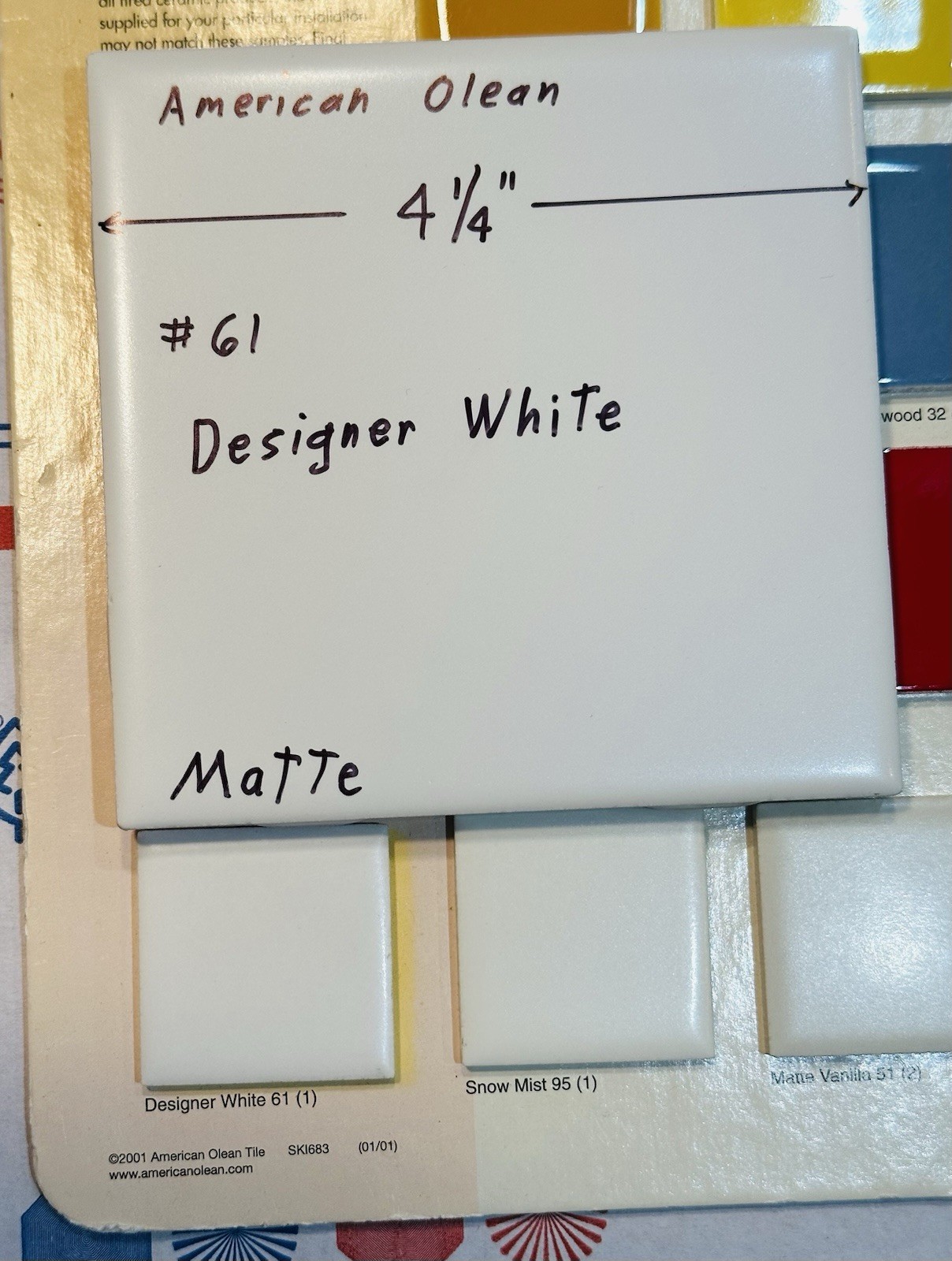 1 pc. Matte Designer White, #61 by American Olean 4-1/4″ Ceramic Tile: NEW STOCK
