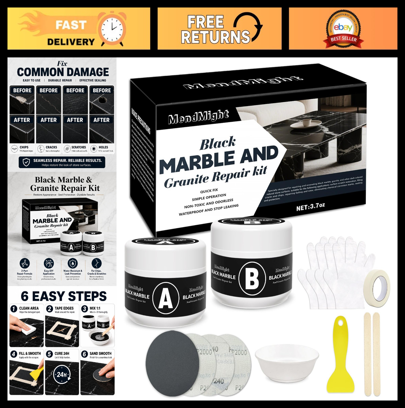 Quartz Countertop Repair Kit – Fix Chips, Cracks & Scratches on Marble, Tile & S