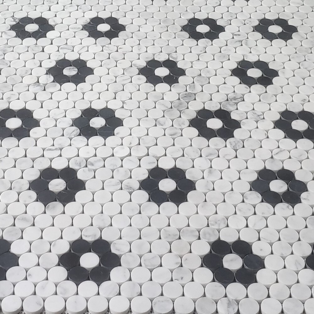 C93LF1XH Carrara White Marble Penny Round Rosette 1″ Mosaic Tile Marquina Honed