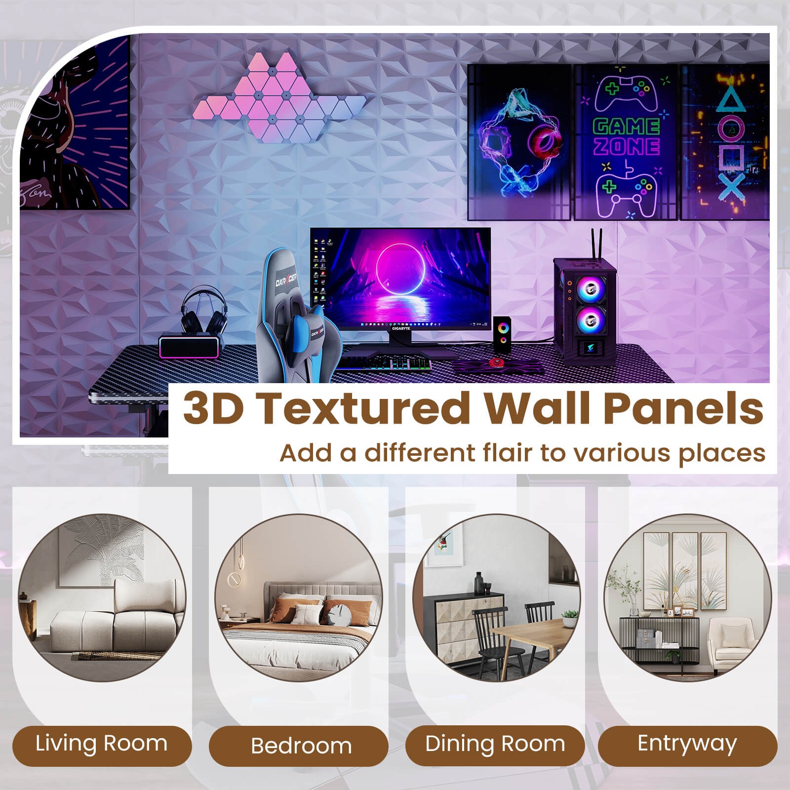 50 Pack 3D Wall Panels, PVC Diamond Textured Wall Tiles for DIY Painting