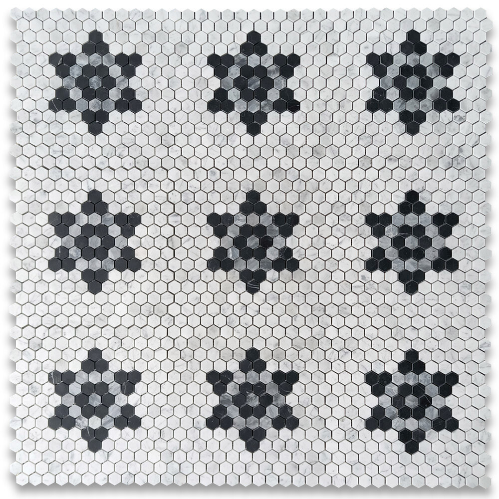 C31F81XH Carrara White Marble 1 inch Hexagon?Hexastar?Mosaic Tile Black Gray