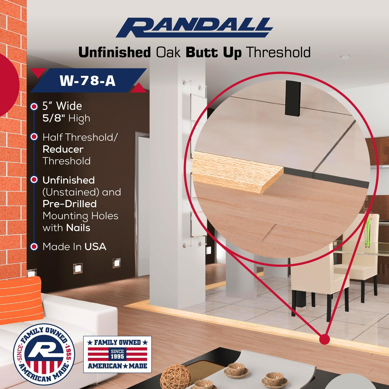 36″ Unfinished Oak Reducer Threshold – 5″ Wide x 5/8″ High Half Threshold |