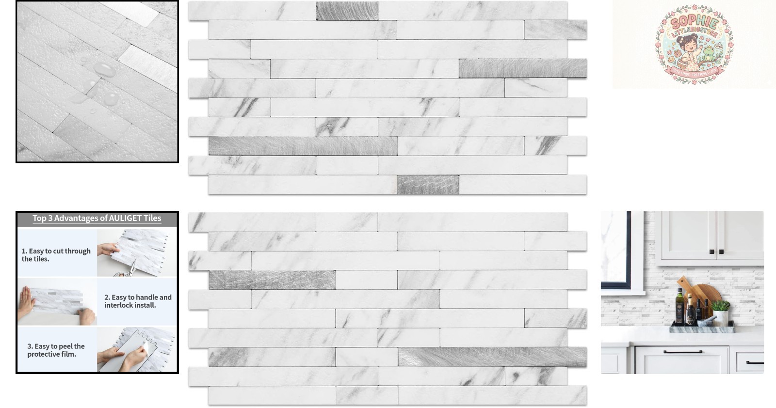 Waterproof White Marble Look Tiles – 20 Pack Stacked Design for Kitchens & Baths