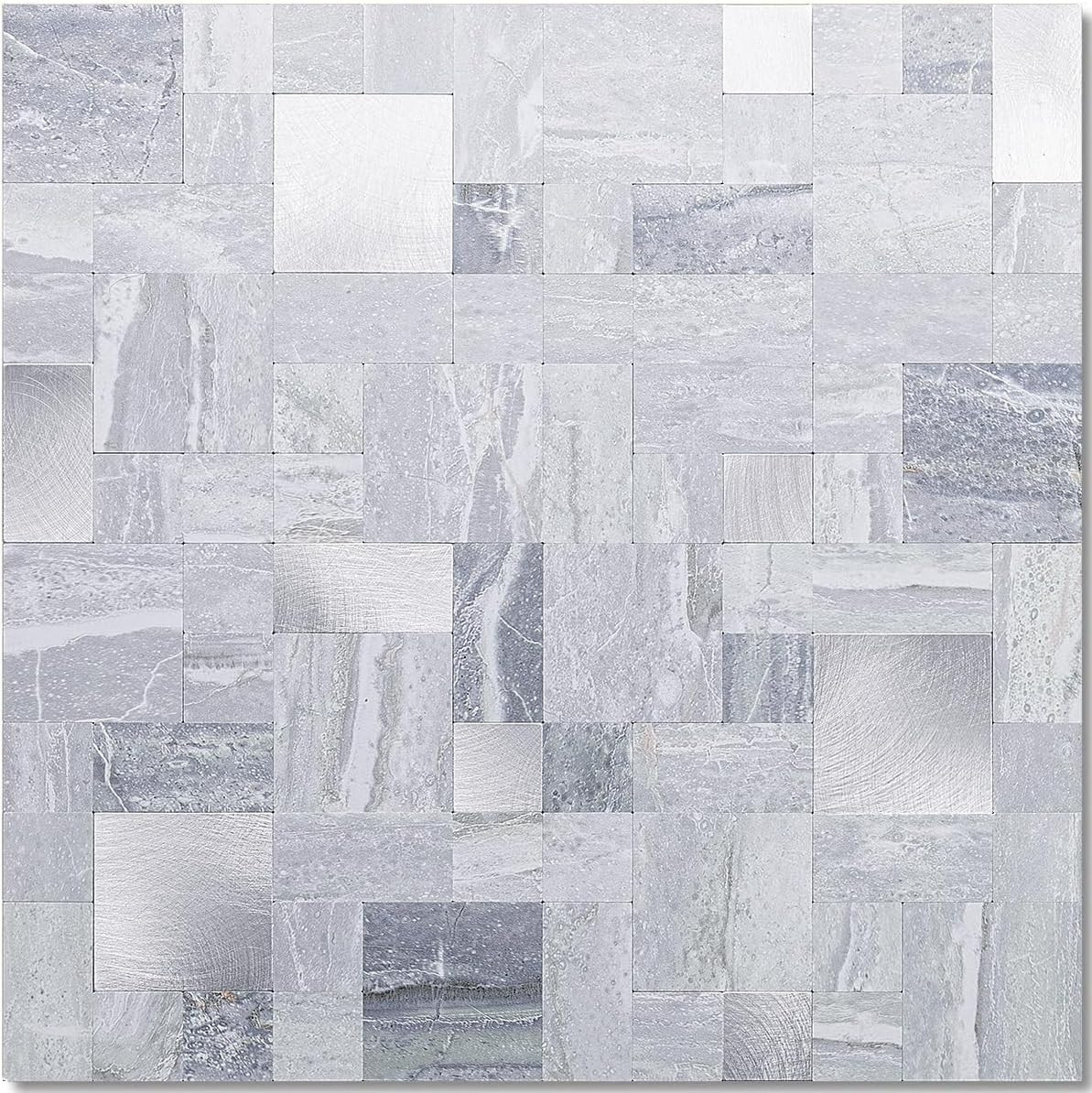 1 Sheet Grey Marble Peel and Stick Tile Backsplash, Mixed Metal Silver Chips Kit