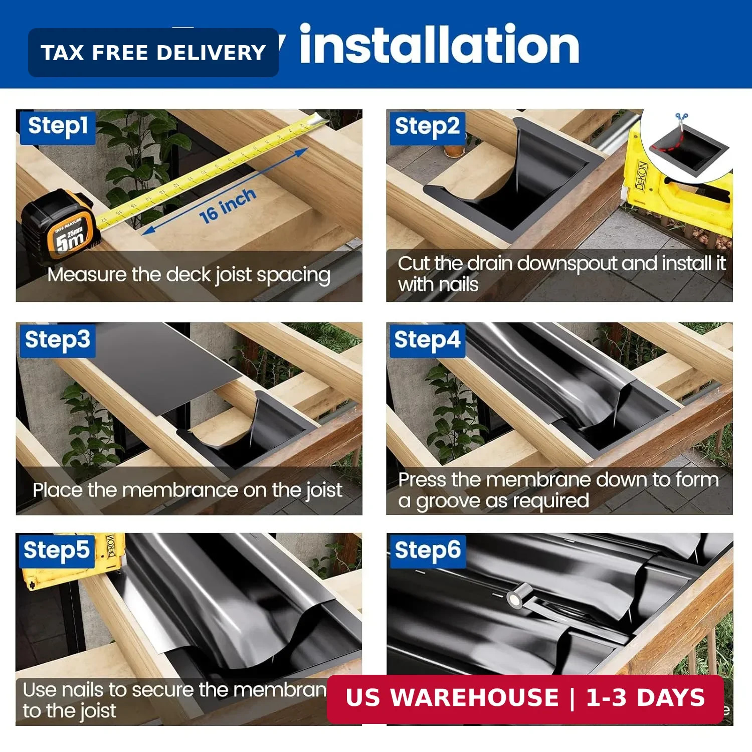 Muzata 1PCS 50FT Black Under Deck Drainage System Trough HDPE Waterproofing Memb