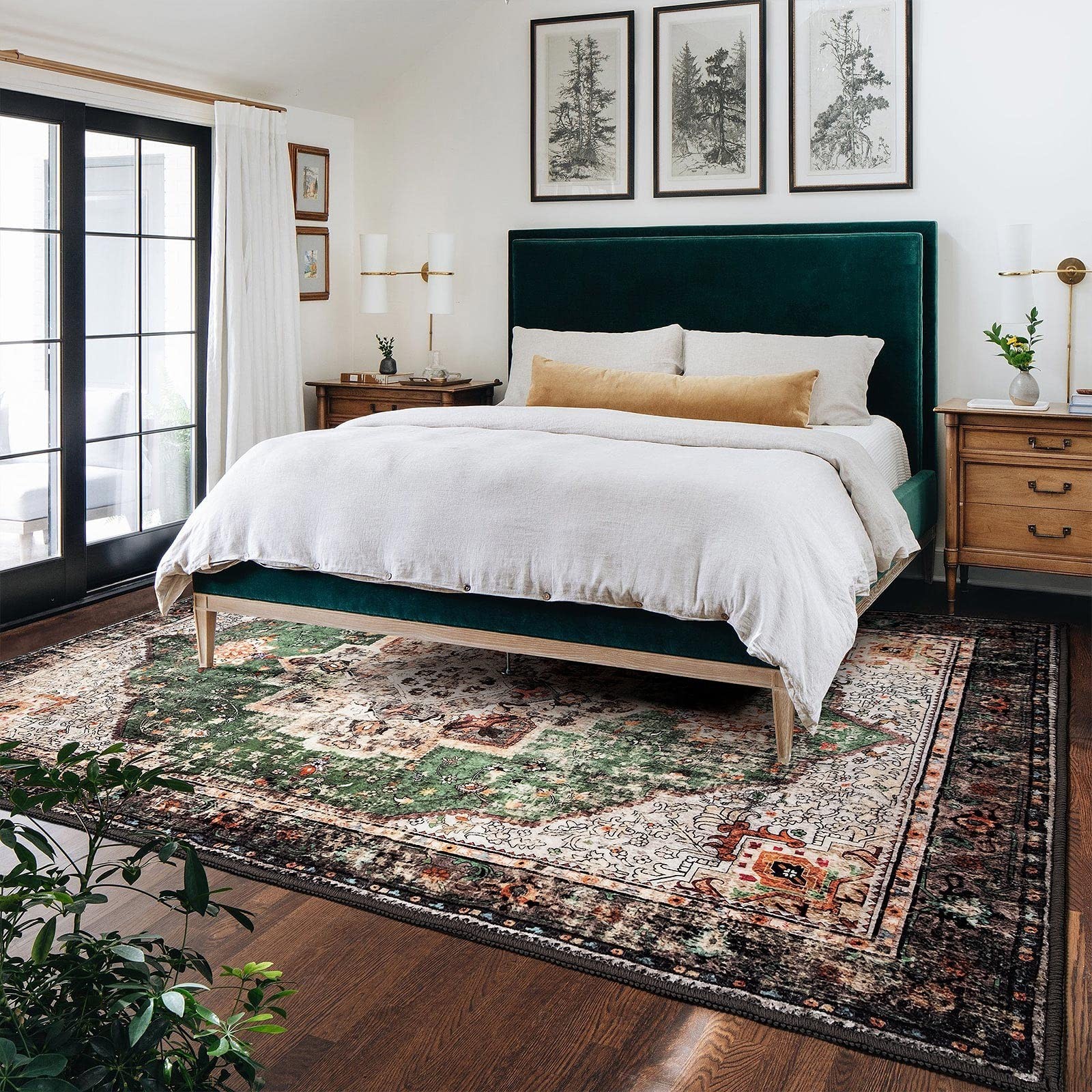 9×12 Area Rugs for Living Room Green Boho Washable Vintage Low Pile Non-Slip …
