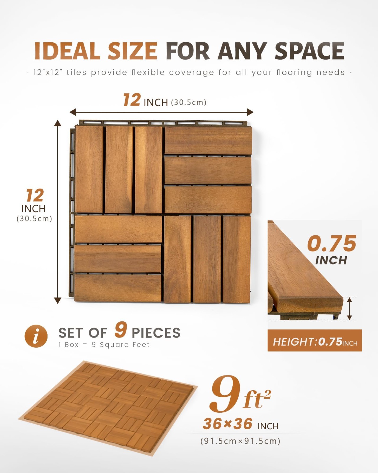 9 PCS Interlocking Deck Tiles 12″x12″ Acacia Wood Outdoor Flooring, Waterproof P