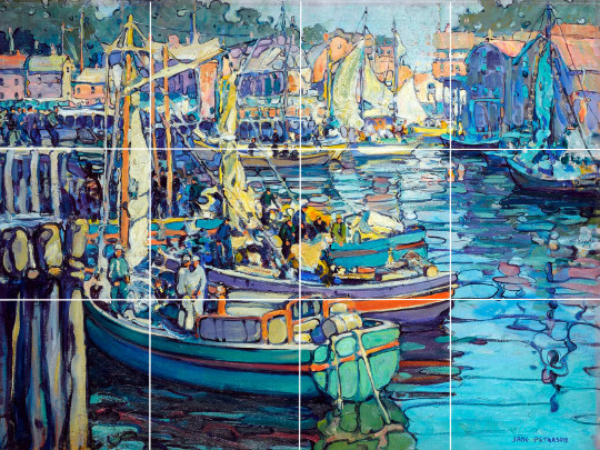 jane peterson Gloucester boats in harbor Nautical ceramic tile mural backsplash