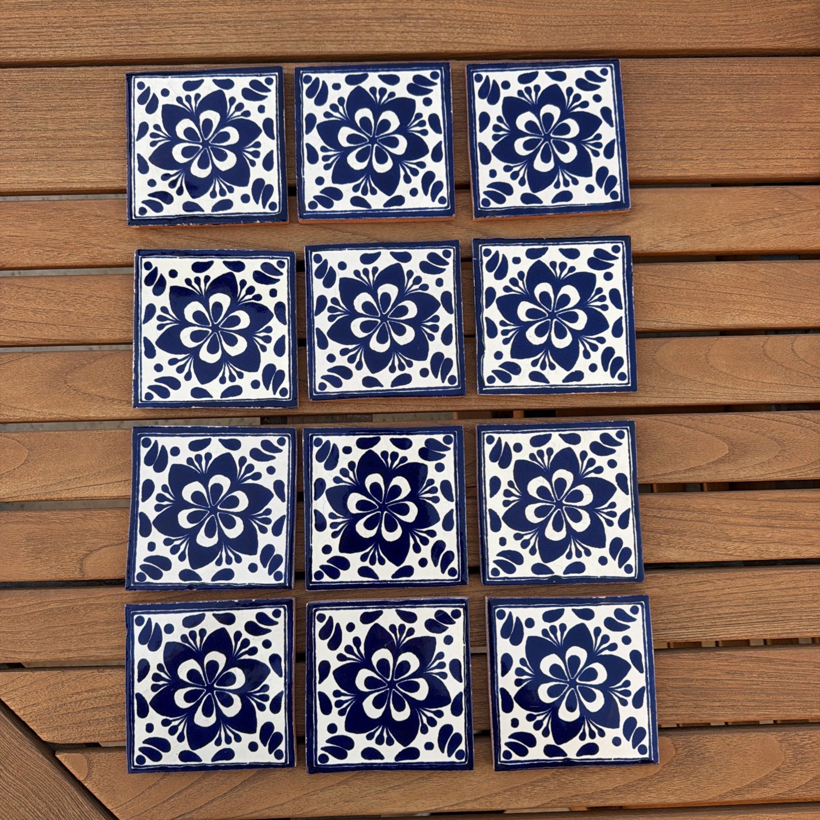 MEXICAN TALAVERA TILES 4×4 TERRACOTTA & BLUE FOLK ART