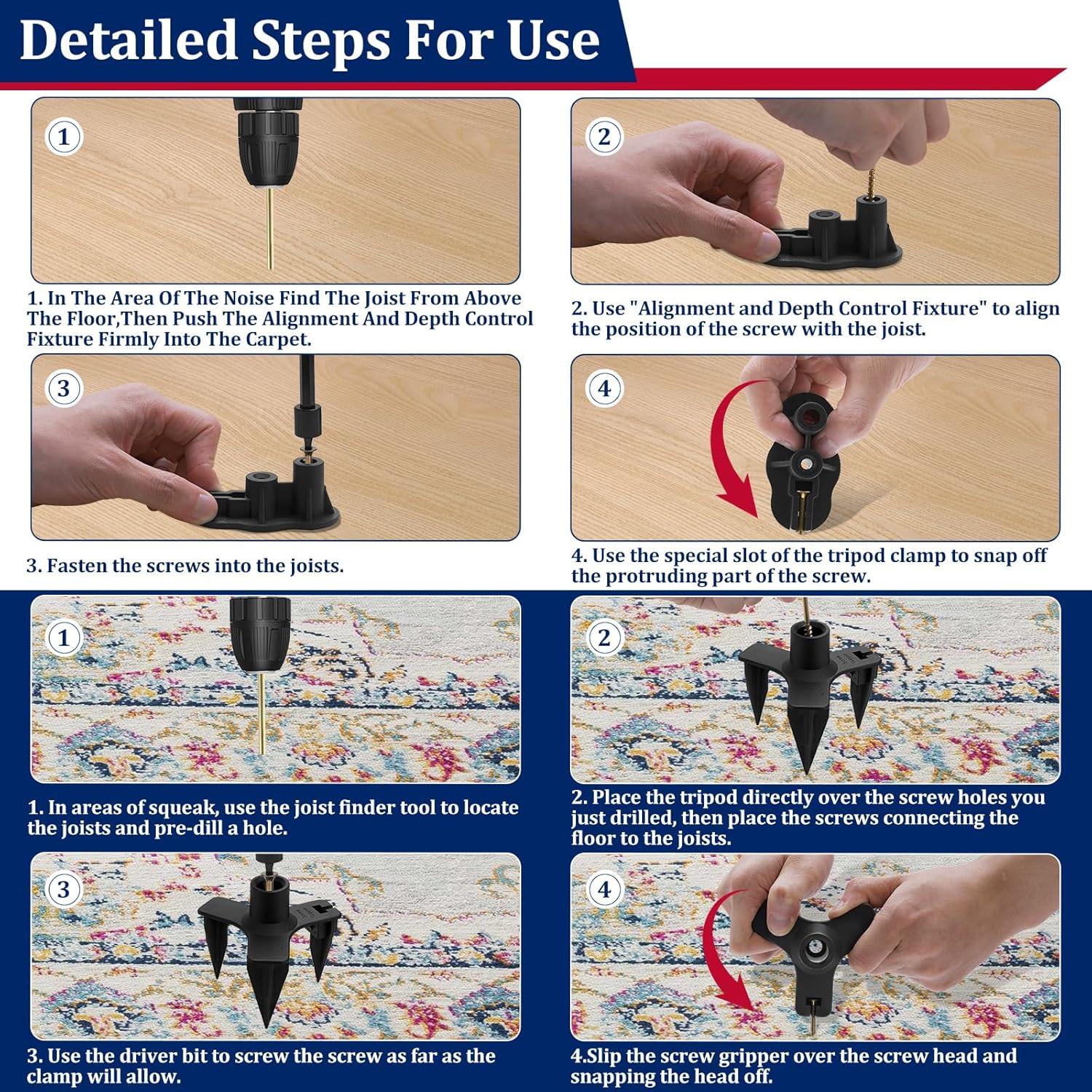 Squeaky Floor Repair Kit with 50 Screws and 5 Tools, Floor Fix Screws Kit for Mo