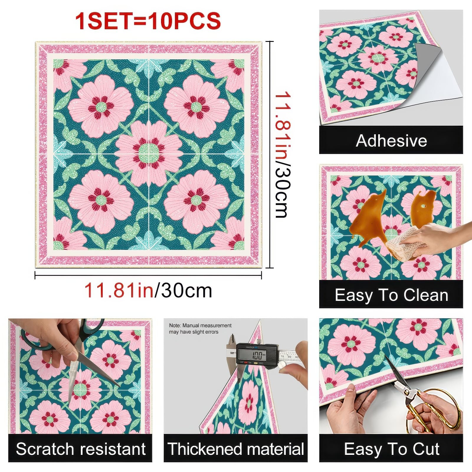 10PCS 12×12 Inch Floral Design Floor Tiles Peel and Stick Removable Self Adhe…