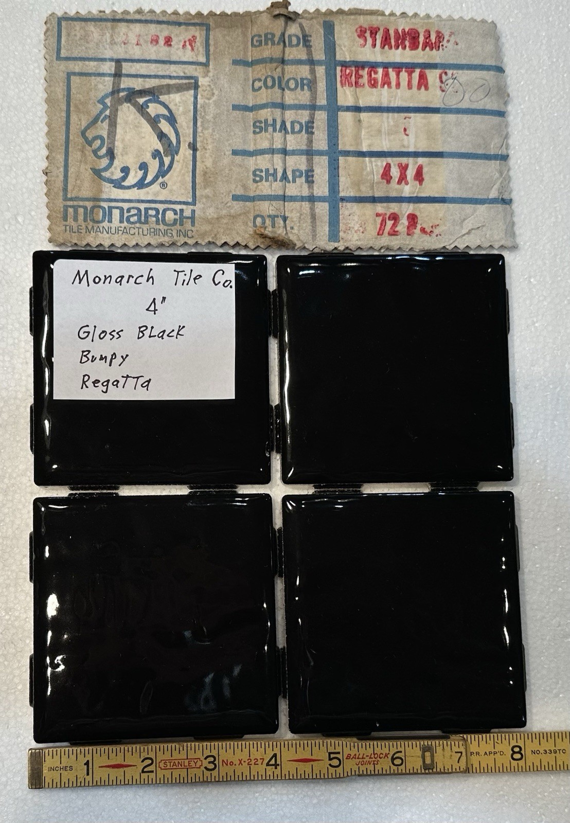 4 Pieces: Dark Rich Gloss Black: 4″ Very Bumpy Ceramic Tile by Monarch Co. NEW