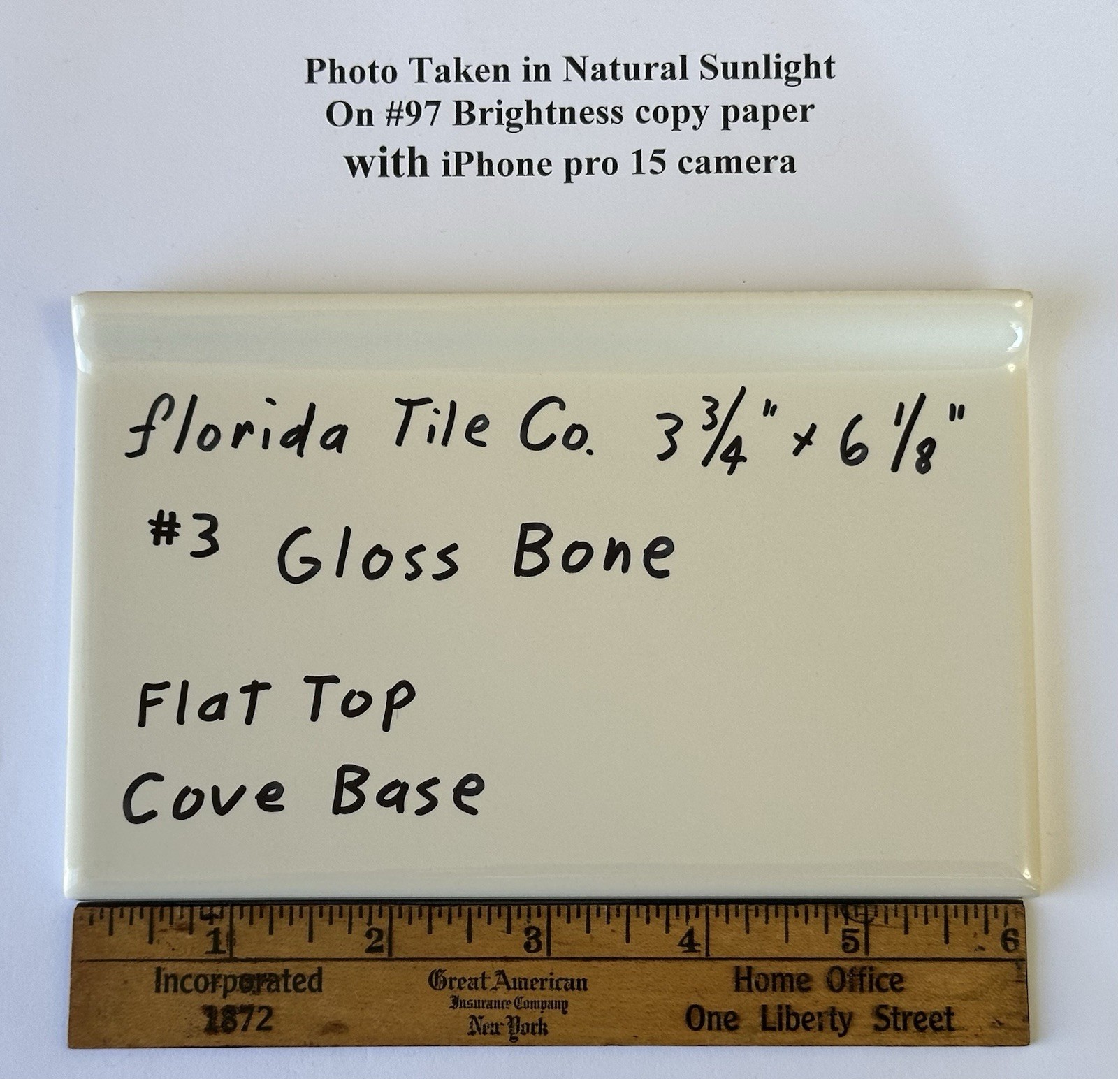 1 pc. Gloss Bone: 3-3/4″ X 6-1/8″ Ceramic Cove Base Tile, florida Co. Flat Top