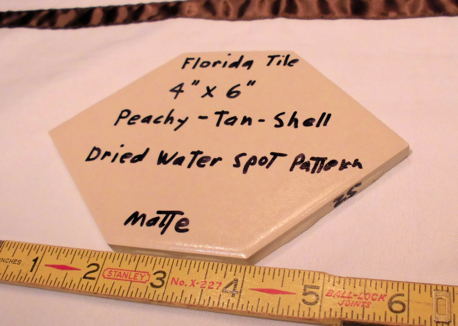 1 pc. Hexagon 4″ X 6″ Peach-Tan-Shell Ceramic Tile; Crystal Glazed; Florida Co.