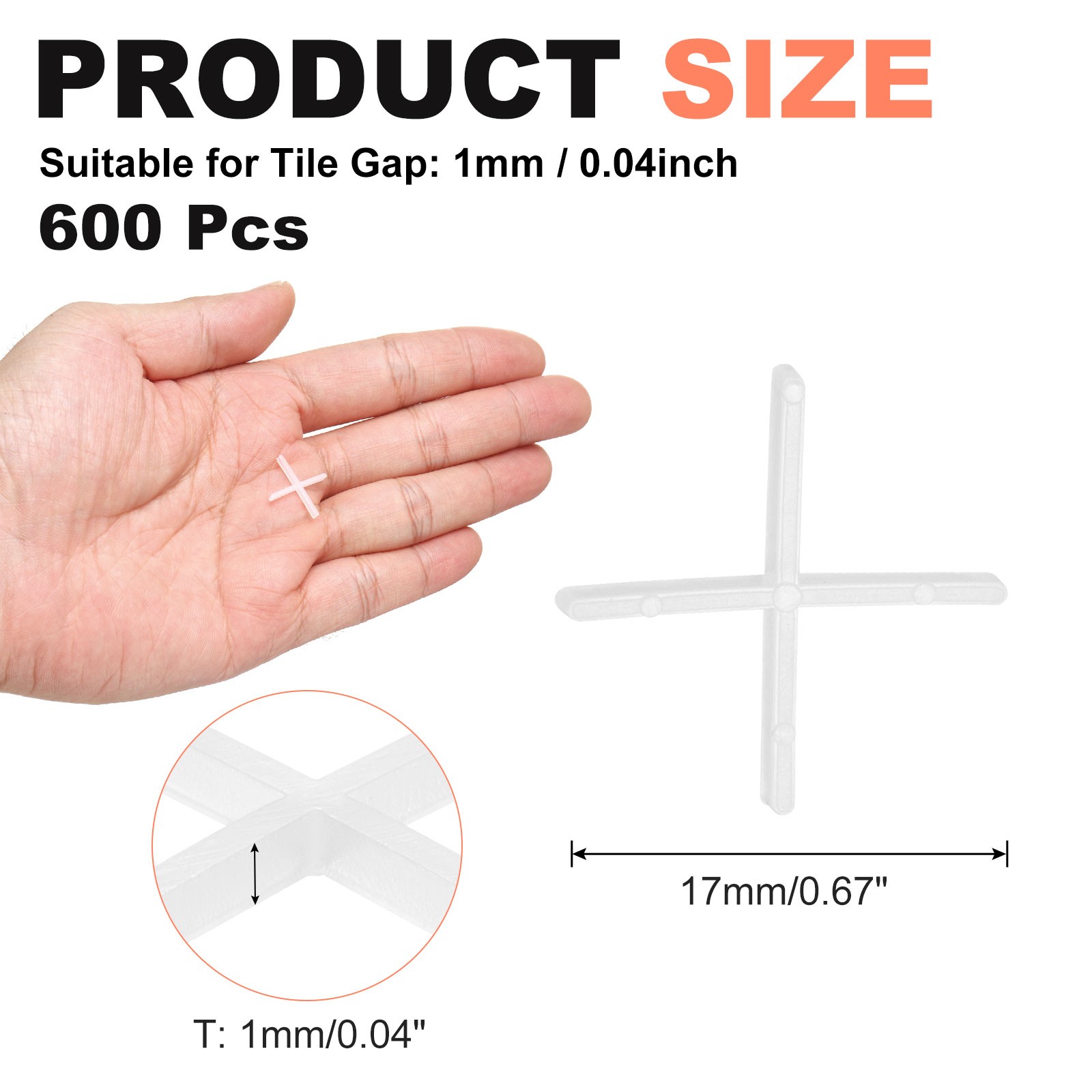 3/64″ 1mm Tile Spacers，600 Pcs Cross Plastic Spacers, White