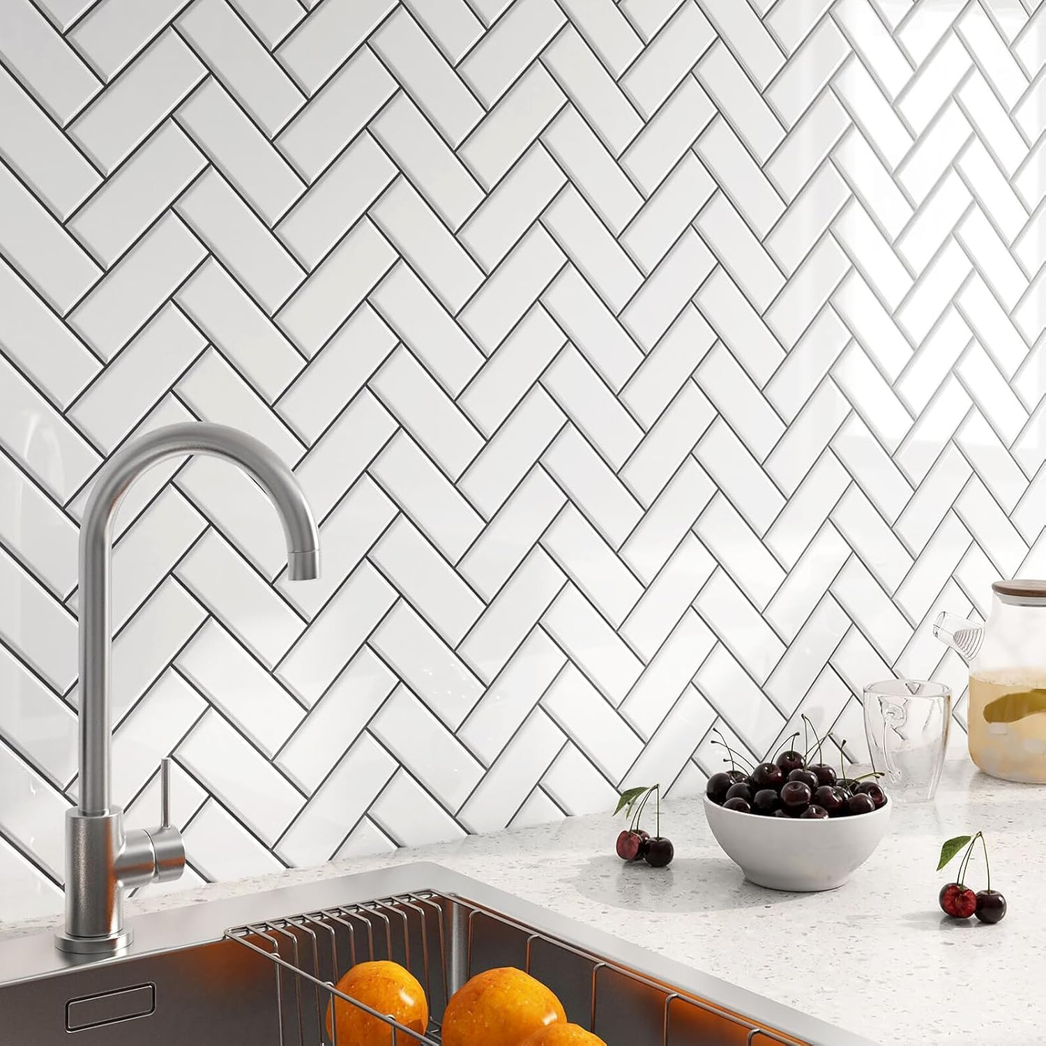 30 Pcs White Herringbone Peel and Stick Backsplash Tiles for Kitchen & Bath