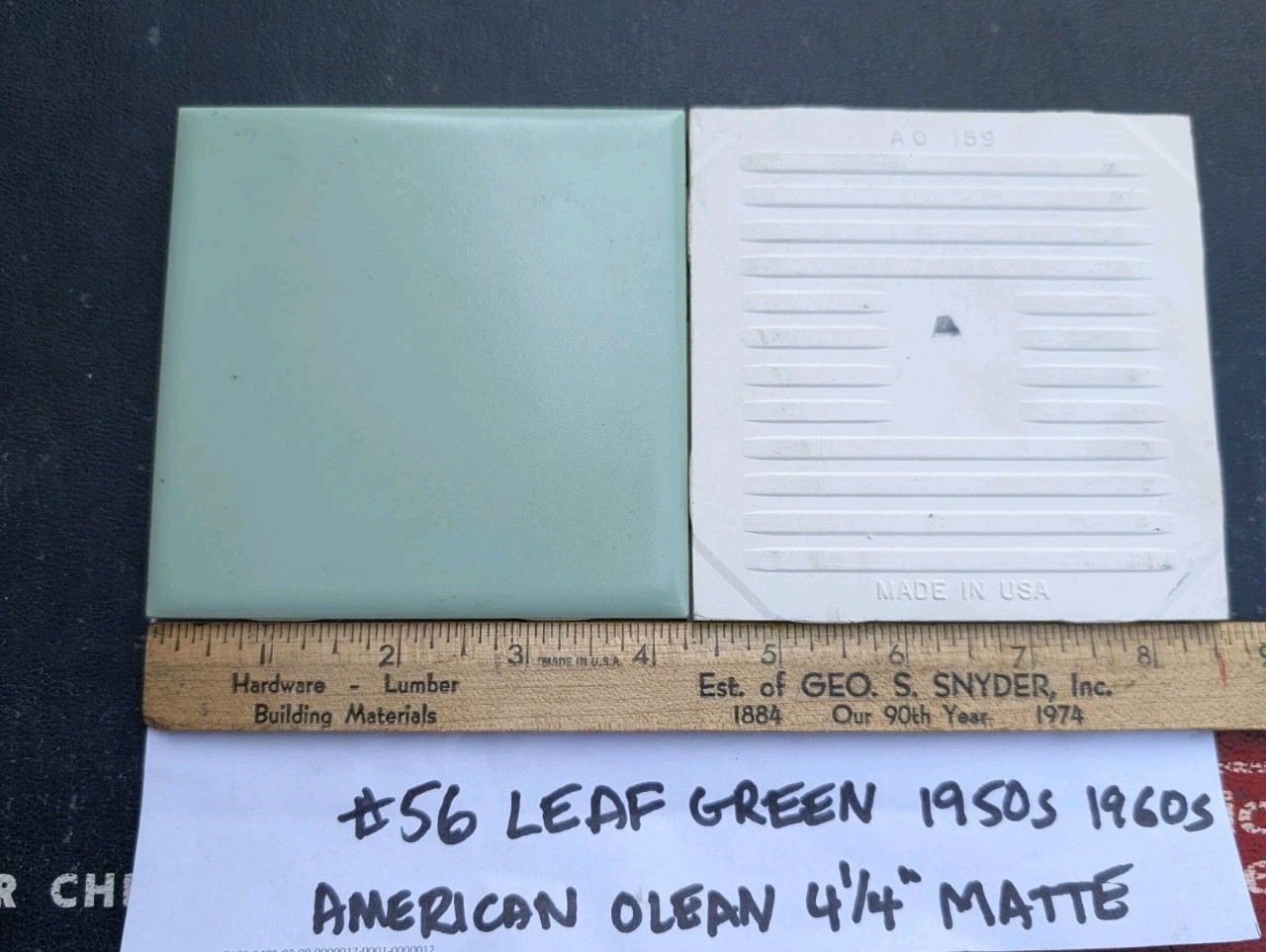 2 pieces 4-1/4″ Square Ceramic Tile #56 Leaf Green New American Olean Tile 1950s