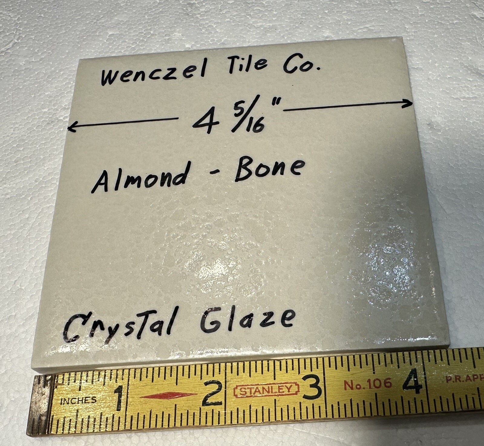 1 pc. *Almond – Bone* Crystal Glaze; Ceramic Tile by Wenczel Co. 4-5/16″ NOS