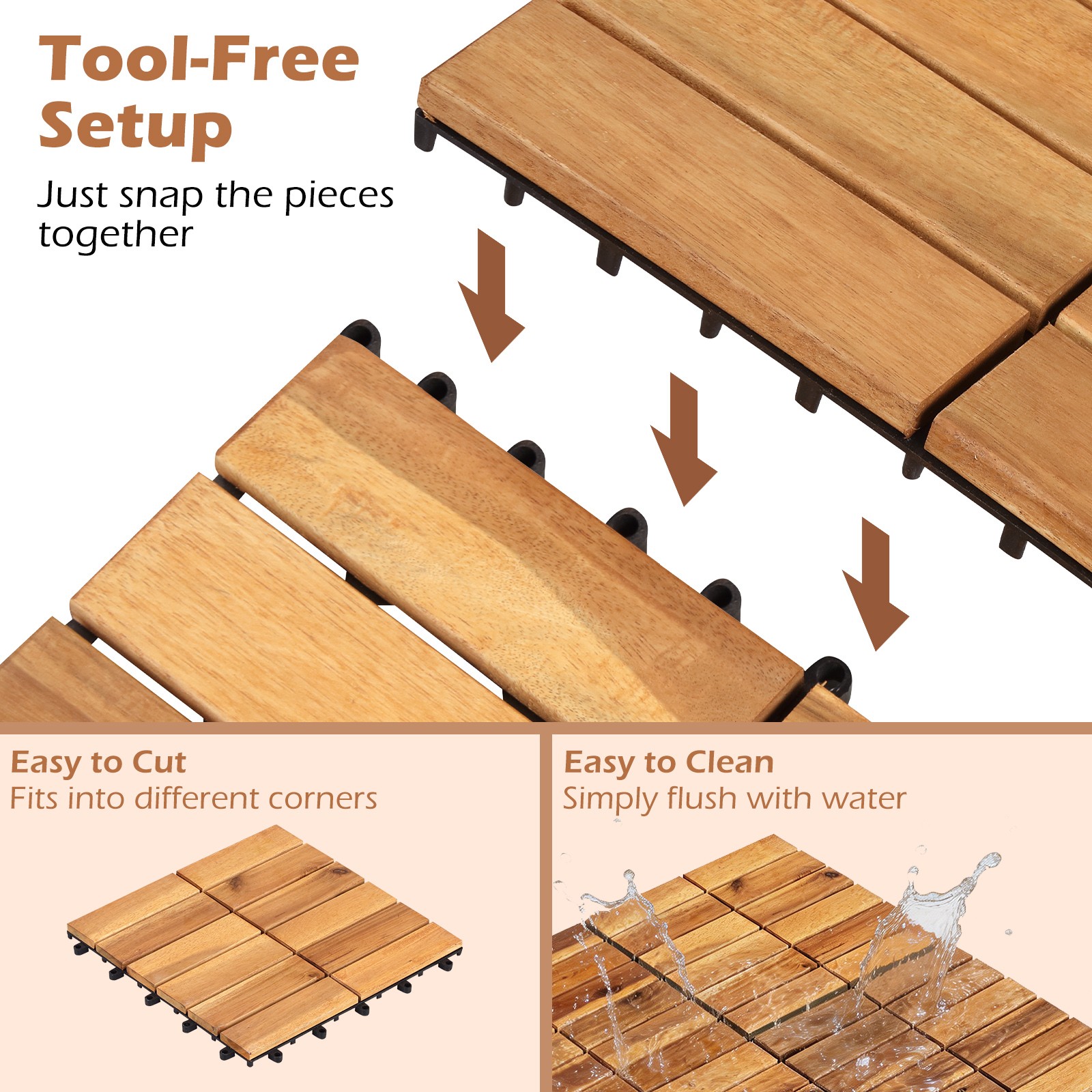 12″ x 12 Acacia Wood Interlocking Deck Tiles 54 PCS Waterproof Flooring Tiles