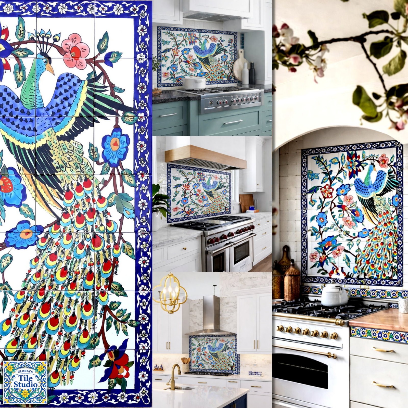 30inx42in Collector Mosaic Backsplash, Splendid Peacock Centerpiece Tile Mural