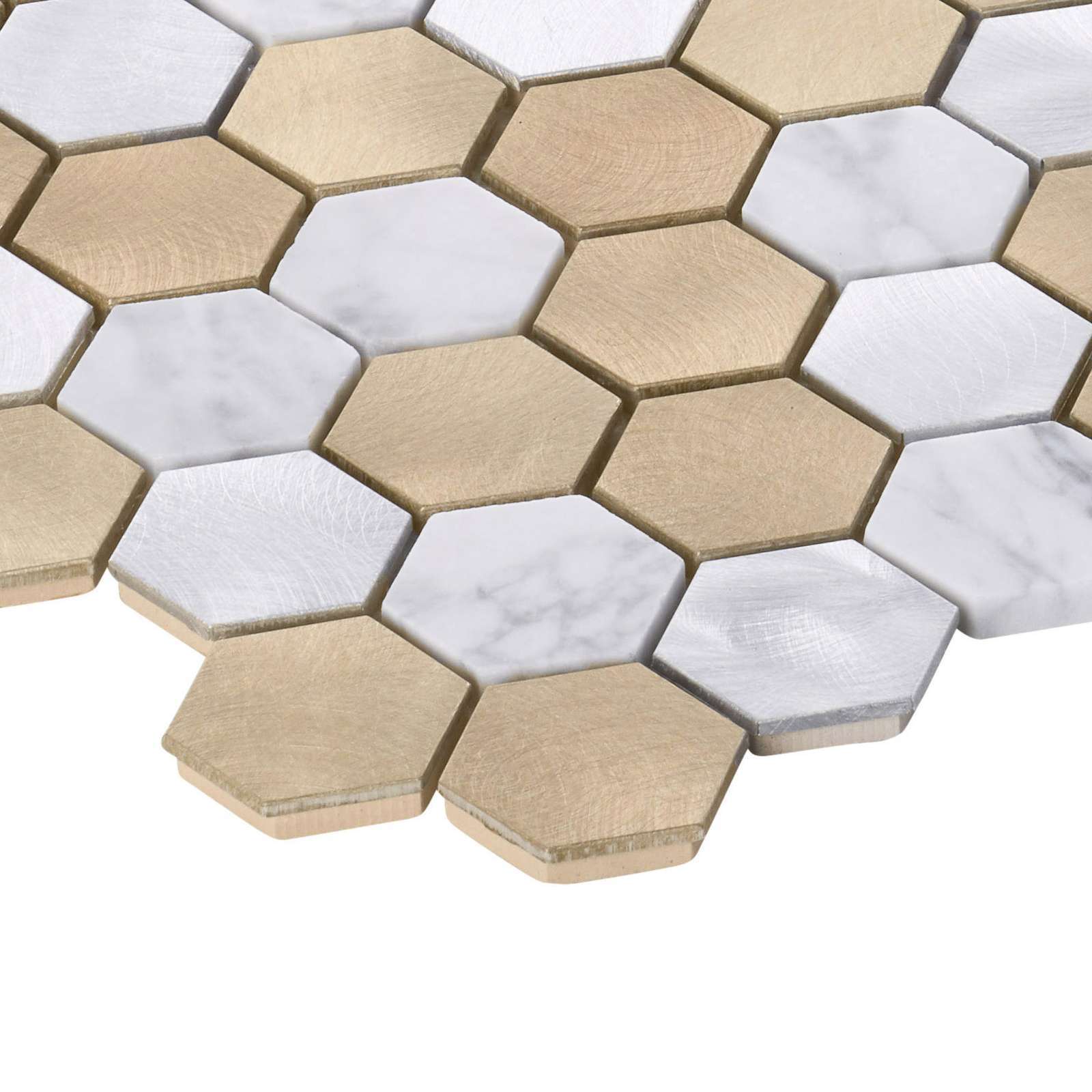 White Calacatta Marble Champagne Gold Metal 1.5″ Hexagon Mosaic Tile Backsplash