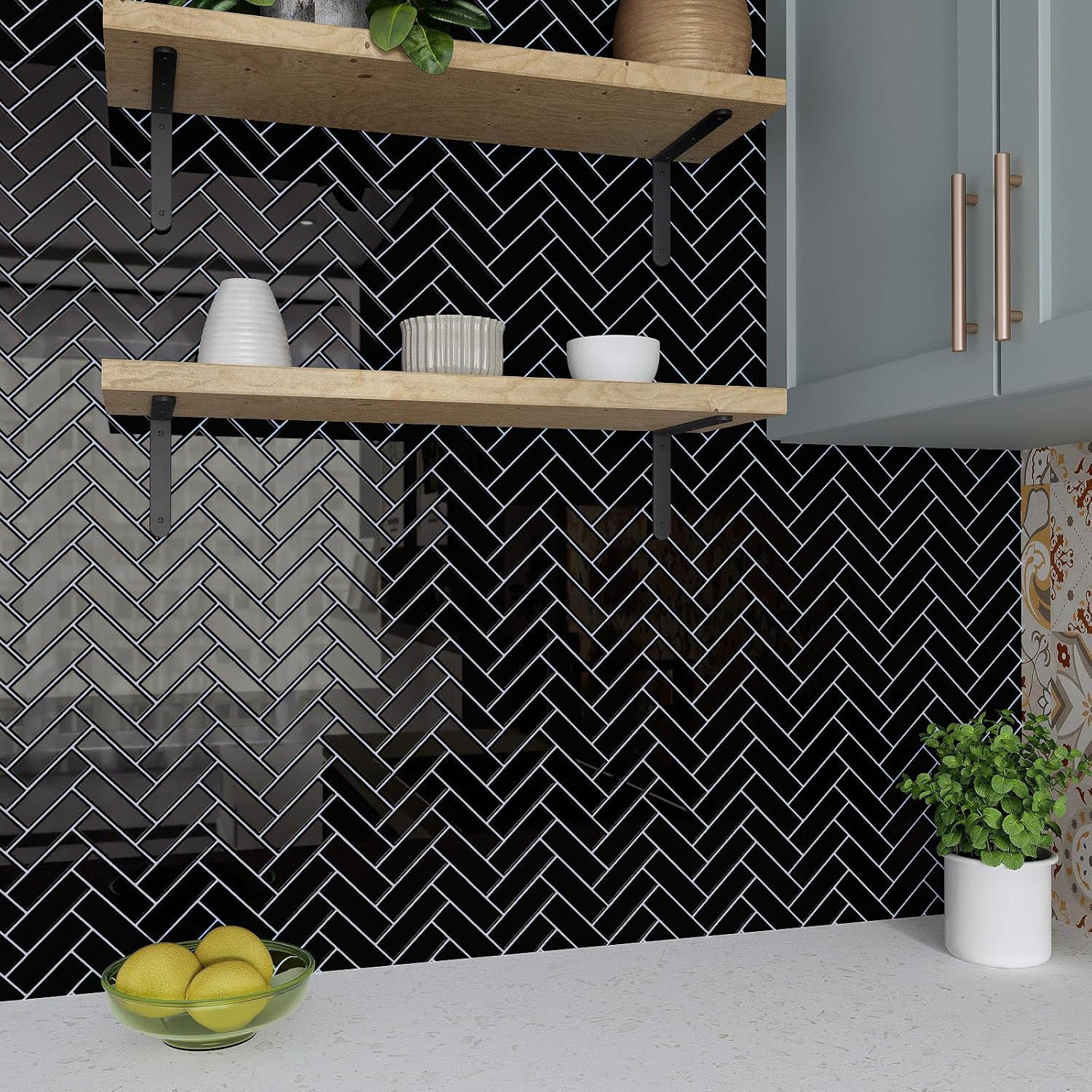20 Sheets Black Herringbone Peel and Stick Backsplash Tiles 12″x12
