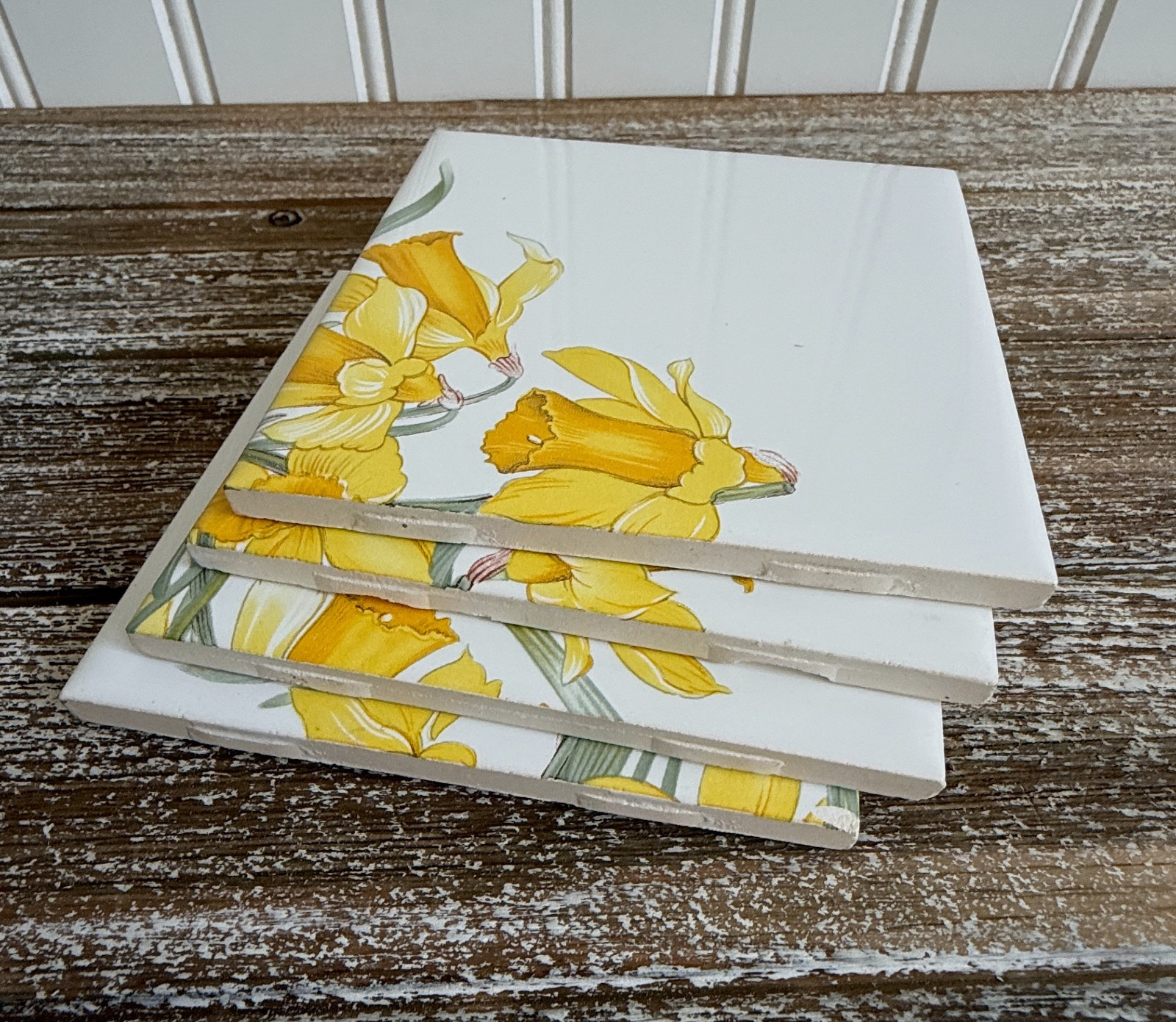 Vintage Yellow Daffodils Tile Mural Set 4 on White USA Wildflower Garden