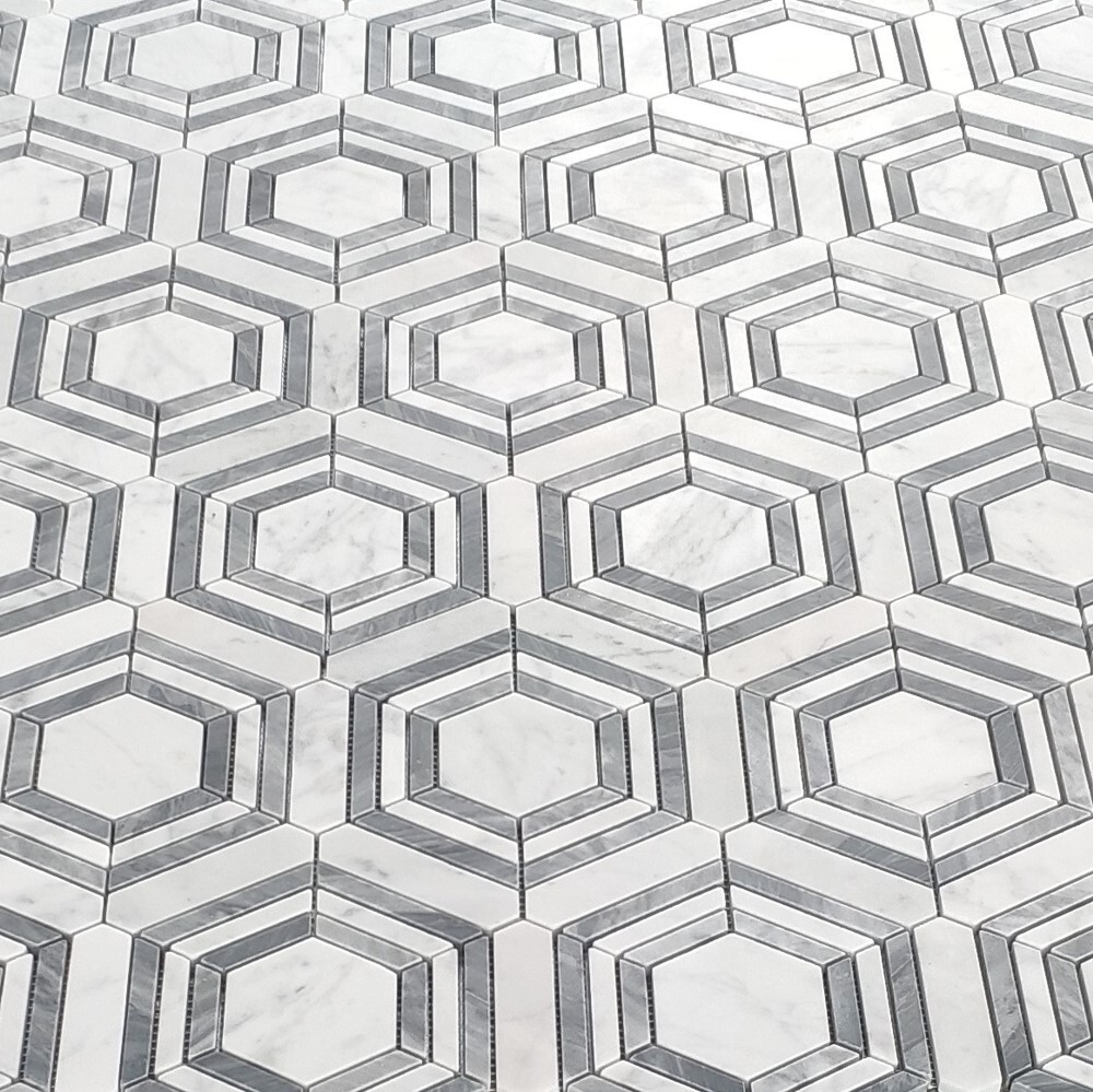 C33GXH Carrara White Gray Marble Hexagon Georama Geometric Mosaic Tile Honed
