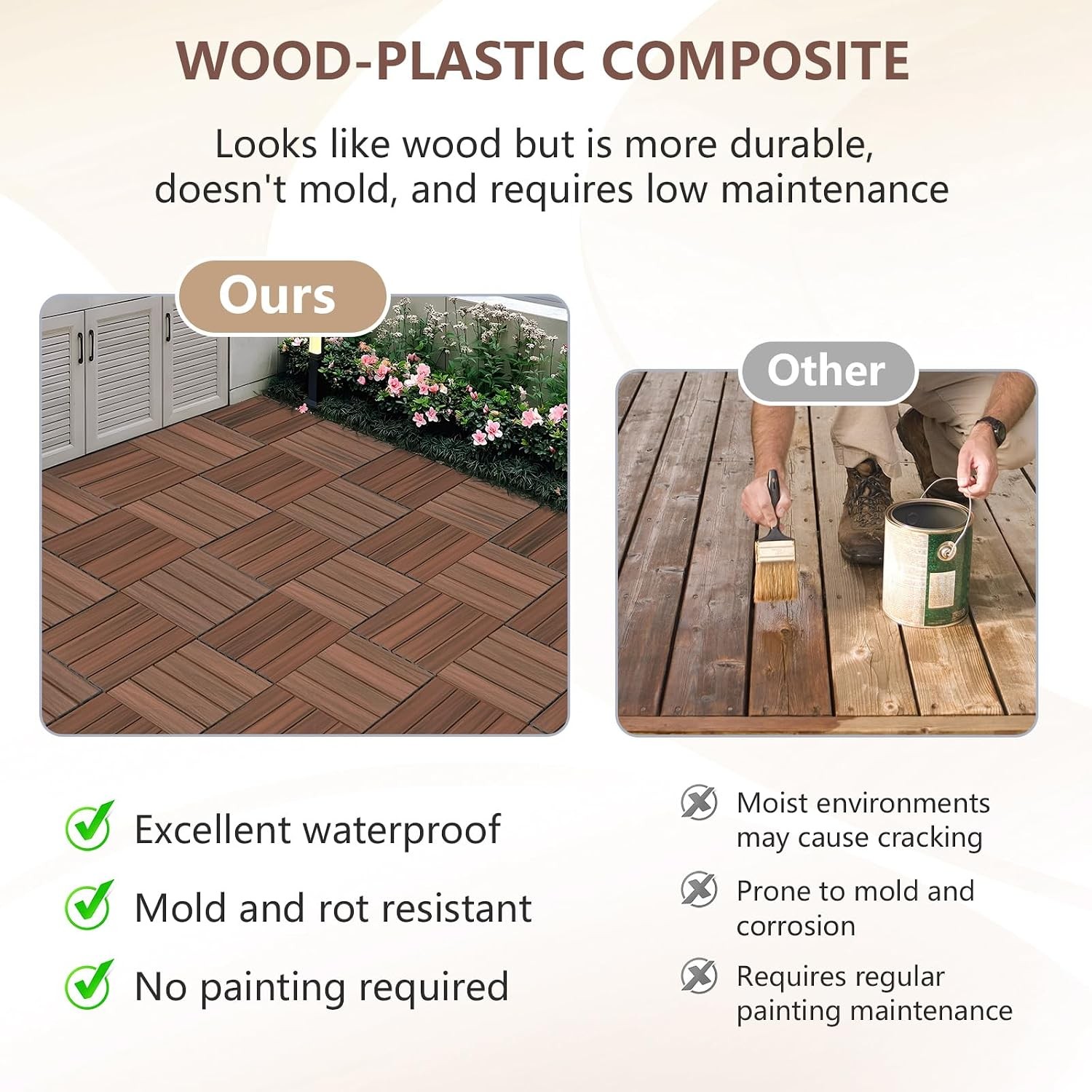 Teak Brown Interlocking 12×12 Deck Tiles Waterproof All Weather Patio Flooring