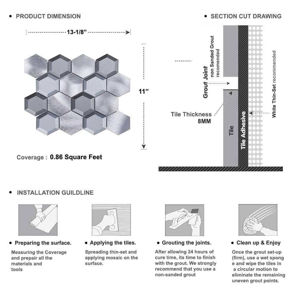 Gray Aluminum Glass Hexagon Modern Mosaic Tile Metallic Backsplash Kitchen Wall
