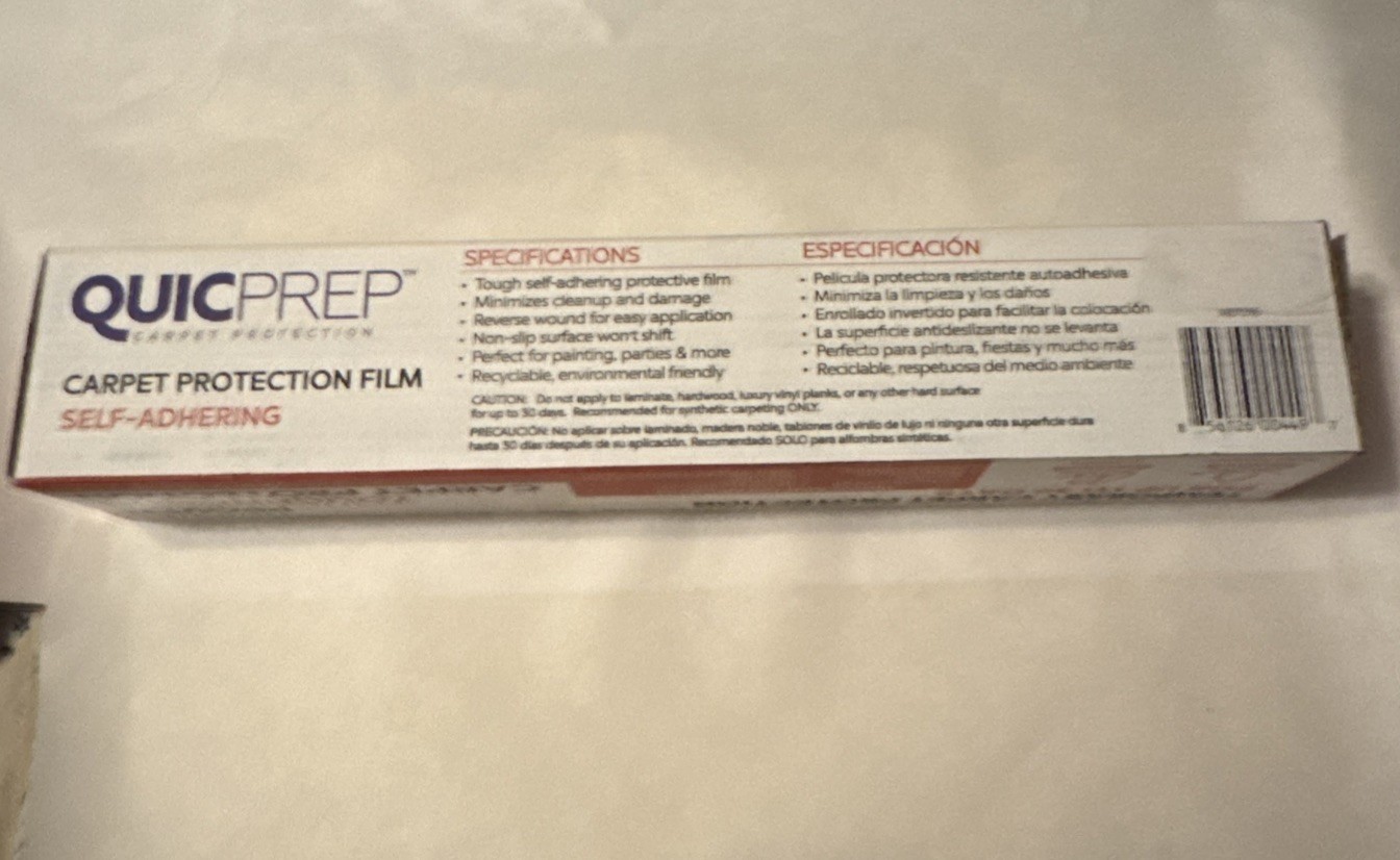 Carpet Self-Stick Plastic Carpet Protection 24in”x200ft’ Quicprep Made In USA