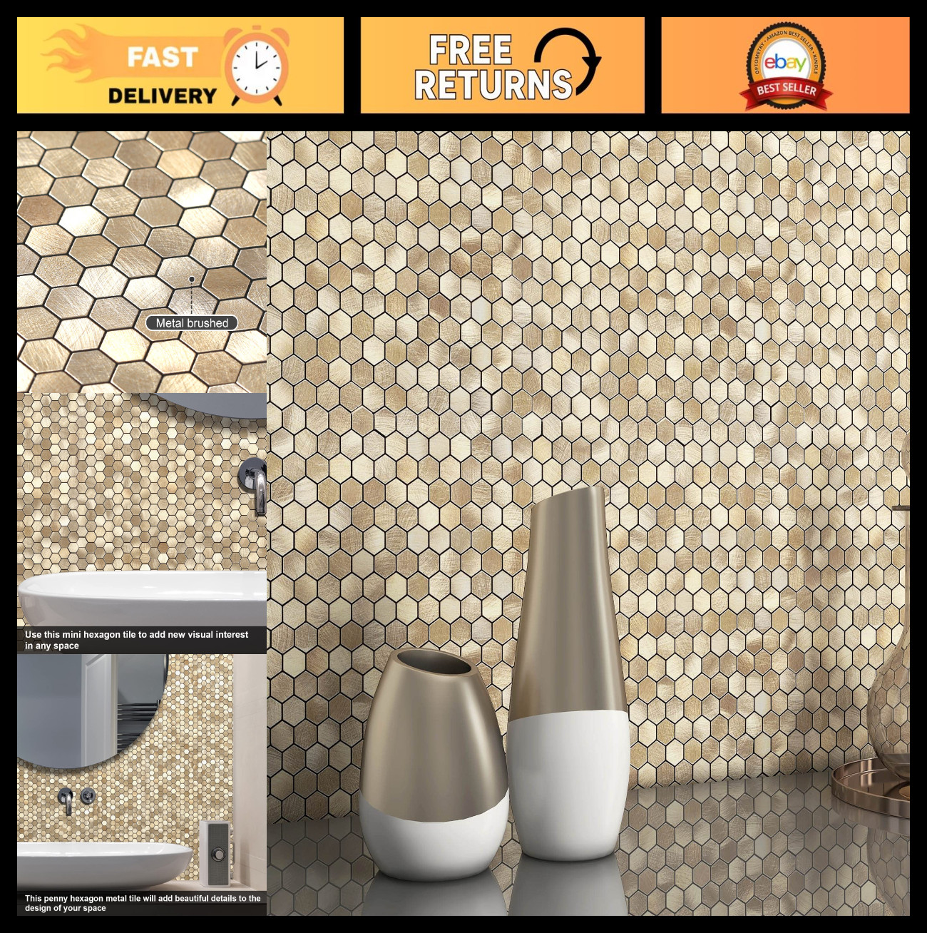 Peel and Stick Mosaic Backsplash Tiles – Small Hexagon Metal Stickers (5PCS, Gol