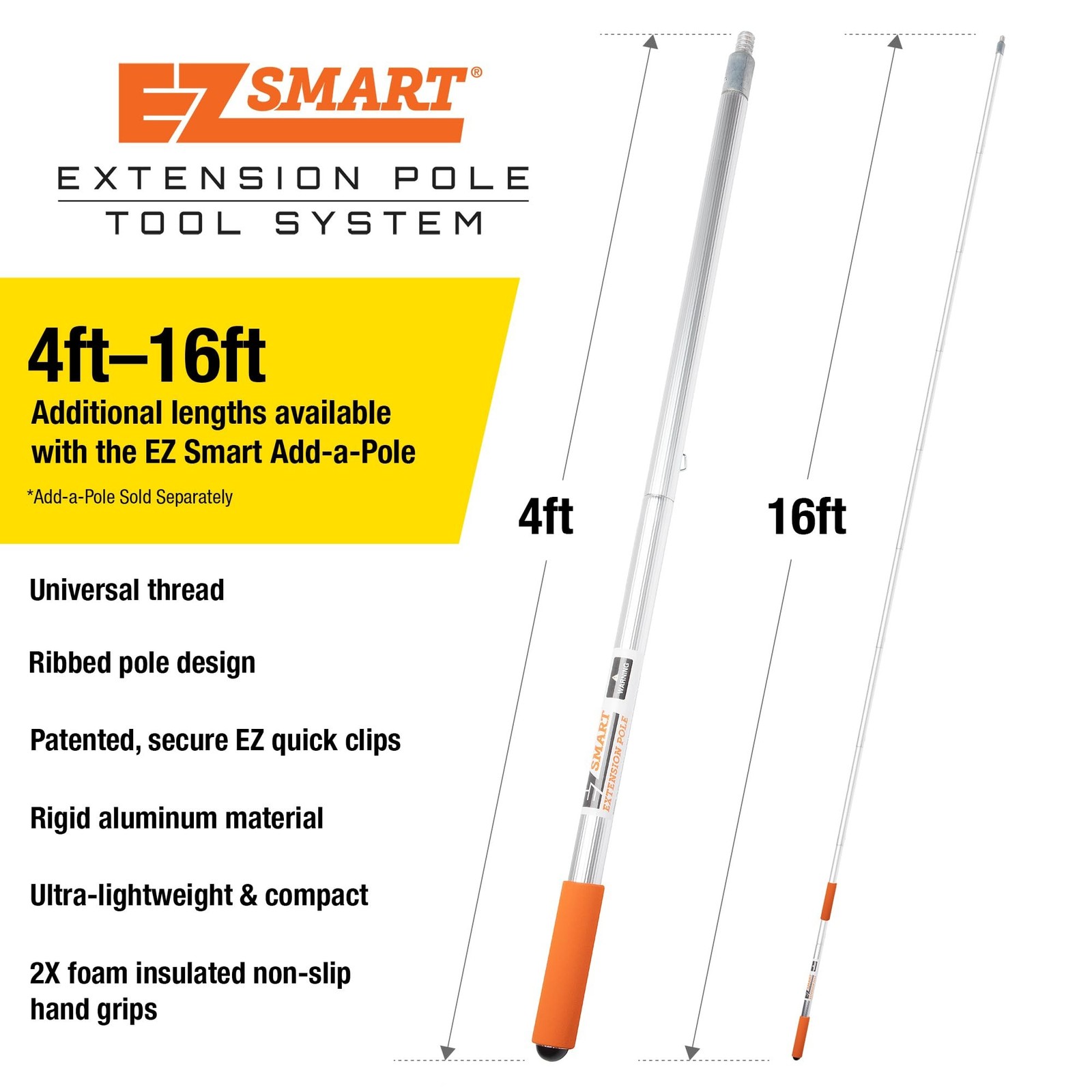 EZ Smart 16 ft Extension Pole – Lightweight Aluminum, Standard 3/4″ Acme T