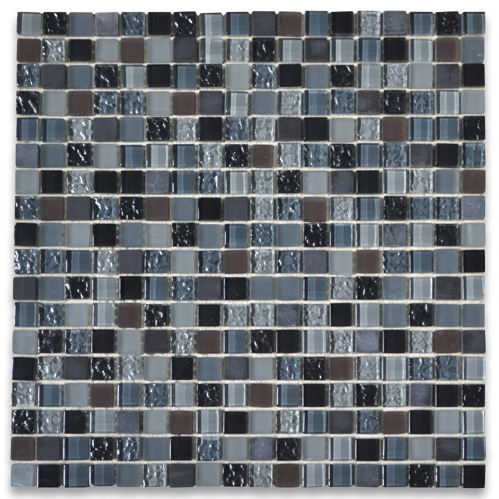 A22004 Glass Mosaic Tile Brown Grey Light Blue Glass Nero Marquina Marble