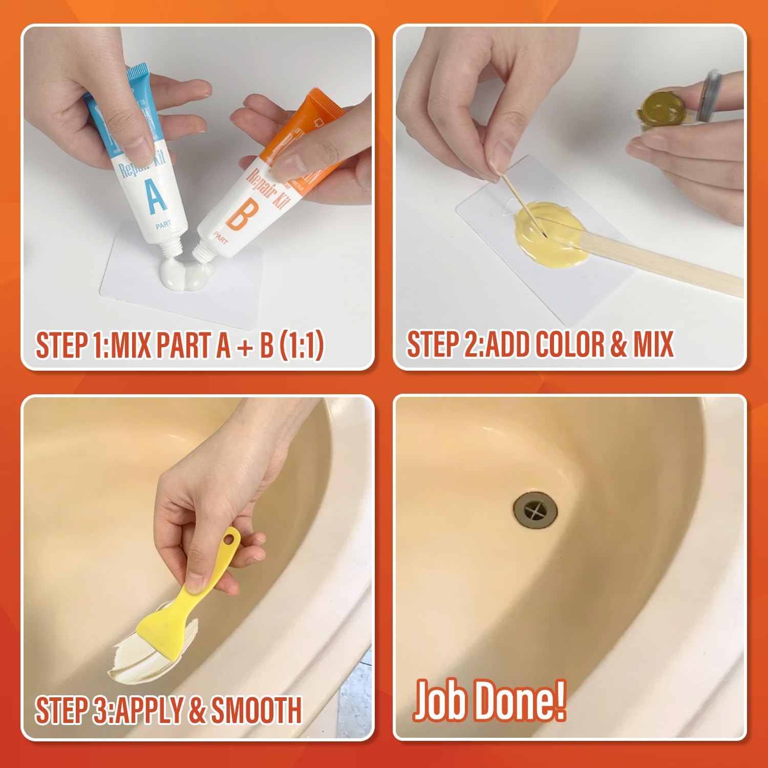 Fiberglass Tub Repair Kit Waterproof Color Match Chips Cracks Holes White