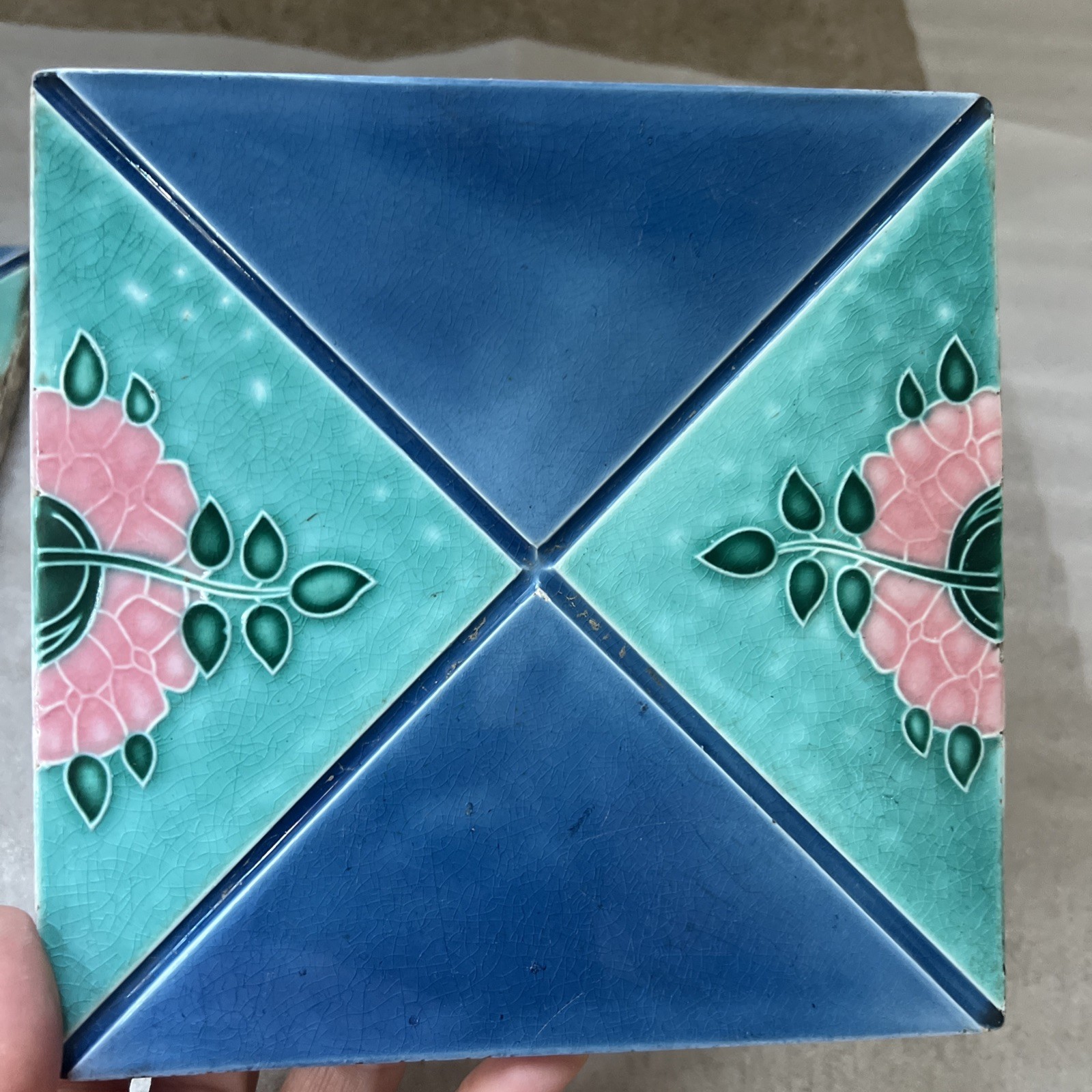 Set of 2 Antique Japanese Majolica Tiles Art Nouveau Geometric Rose Vine 6×6