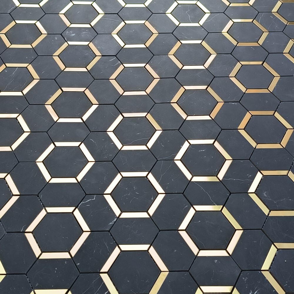N338XH Nero Marquina Black Marble 3 inch Hexagon Mosaic Tile Honed
