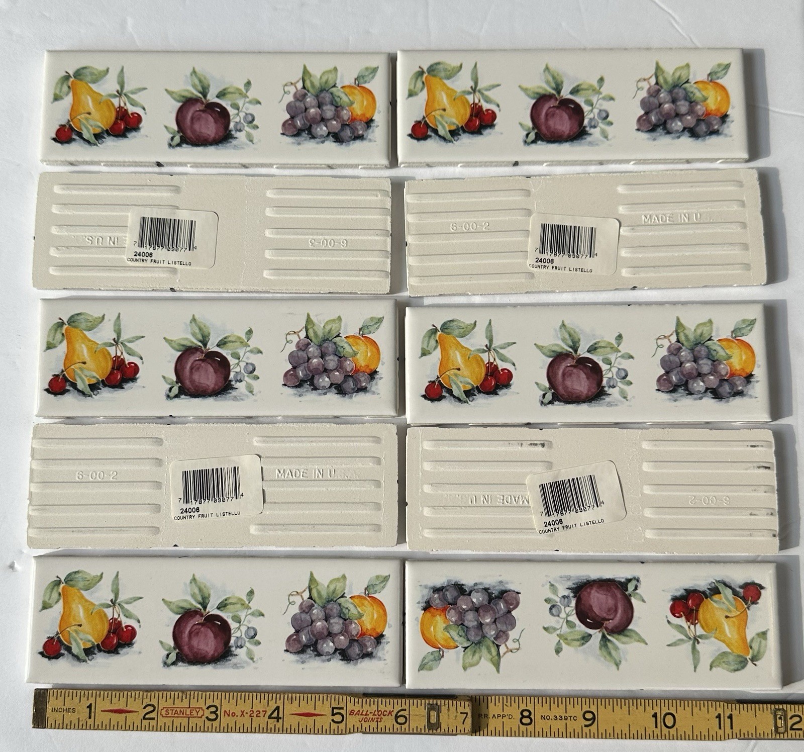 10 pieces: 2″ X 6″ Decorative Ceramic Listello Tile, Country Fruit, made USA