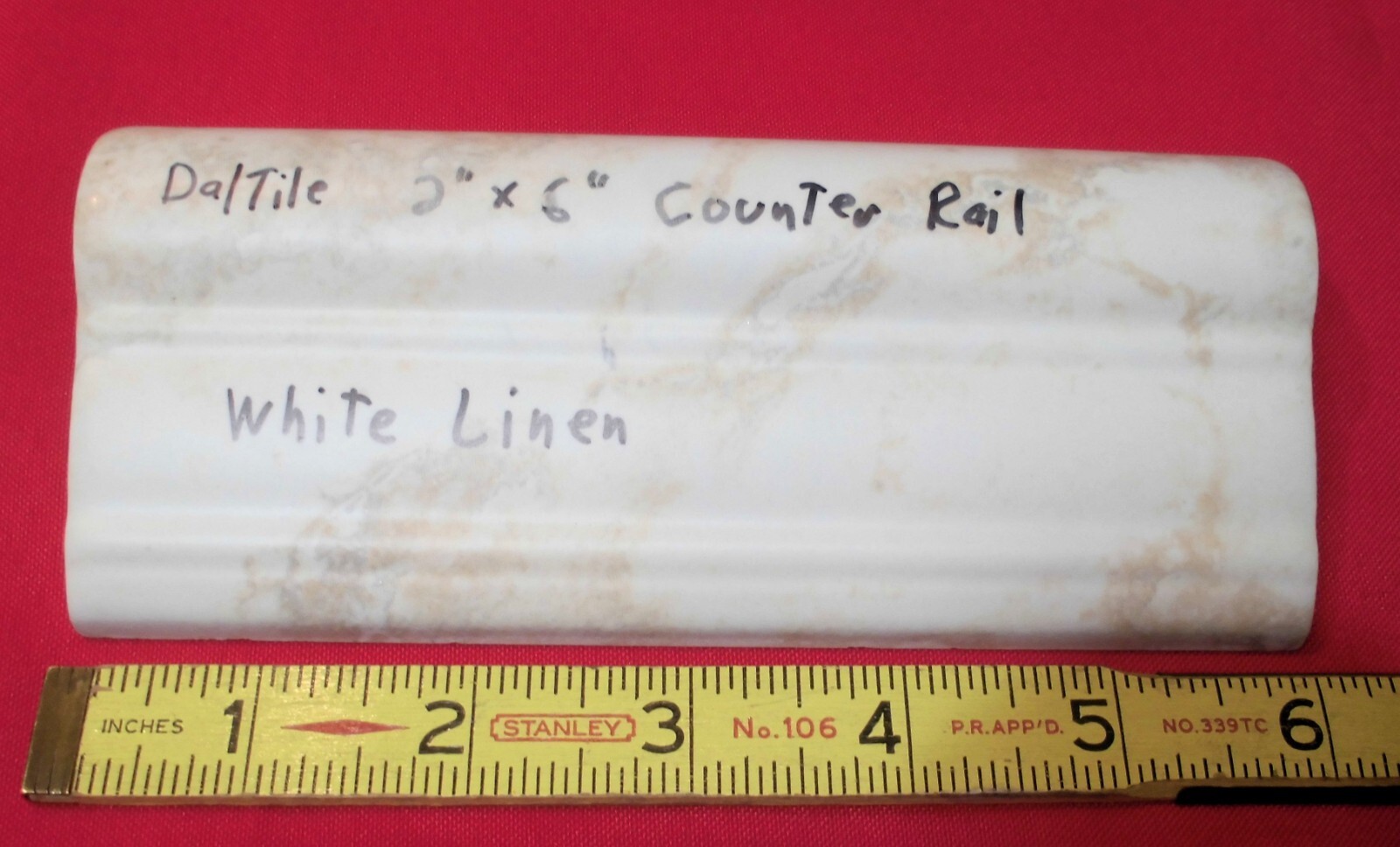 1 pc. Daltile: White Linen + Brown: V Cap Ceramic Trim Tile: Countertop-Edging