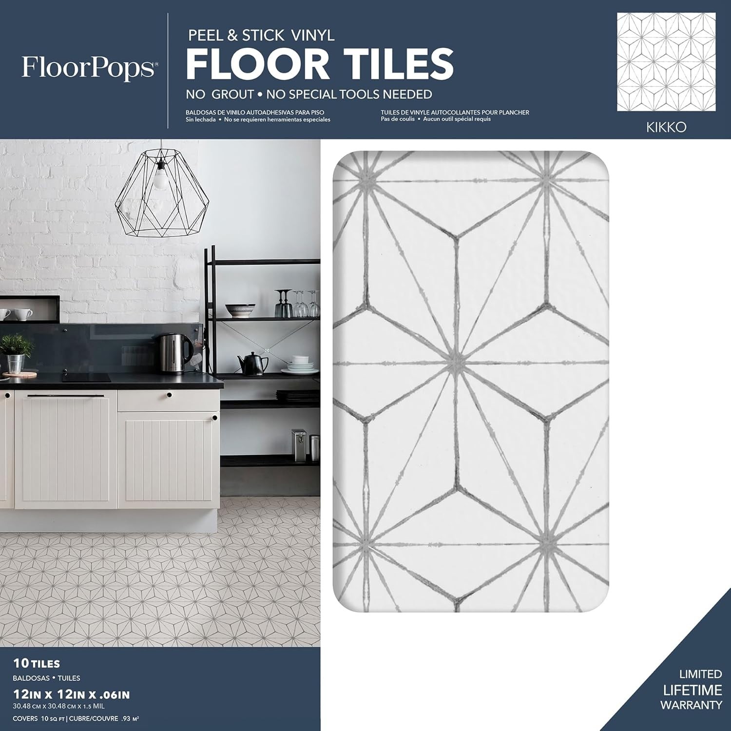 FP2481 Kikko Peel Stick Floor Tiles, White & Off-White