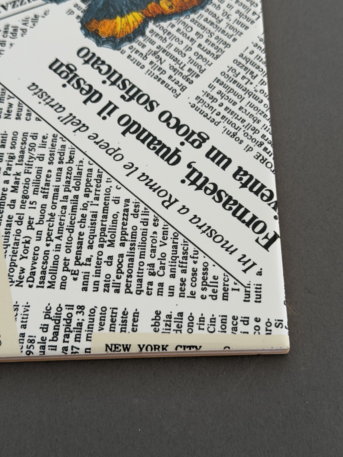 Fornasetti Newspaper & Butterfly Tile Pair 8×8 – Ceramica Bardelli Italy
