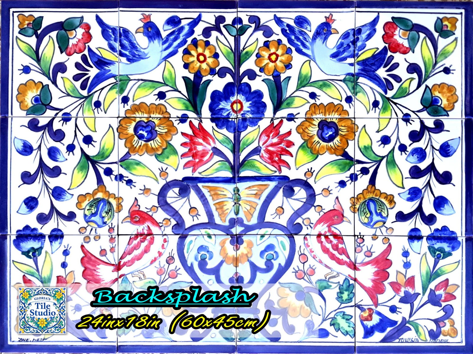 24inx18in Floral Design Mosaic Backsplash Centerpiece, Ceramic Tiles Wall Mural