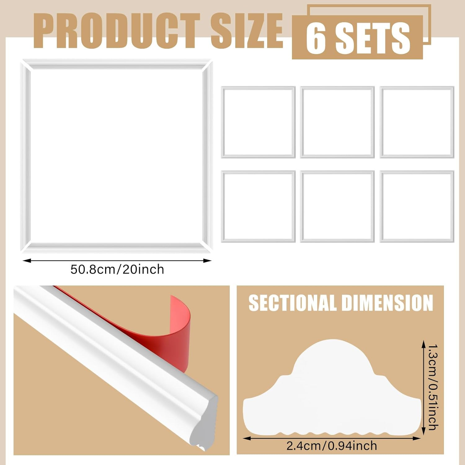 Accent Wall Molding Kit – 6 Premade White Wainscoting Panels, Peel & Stick 20×20