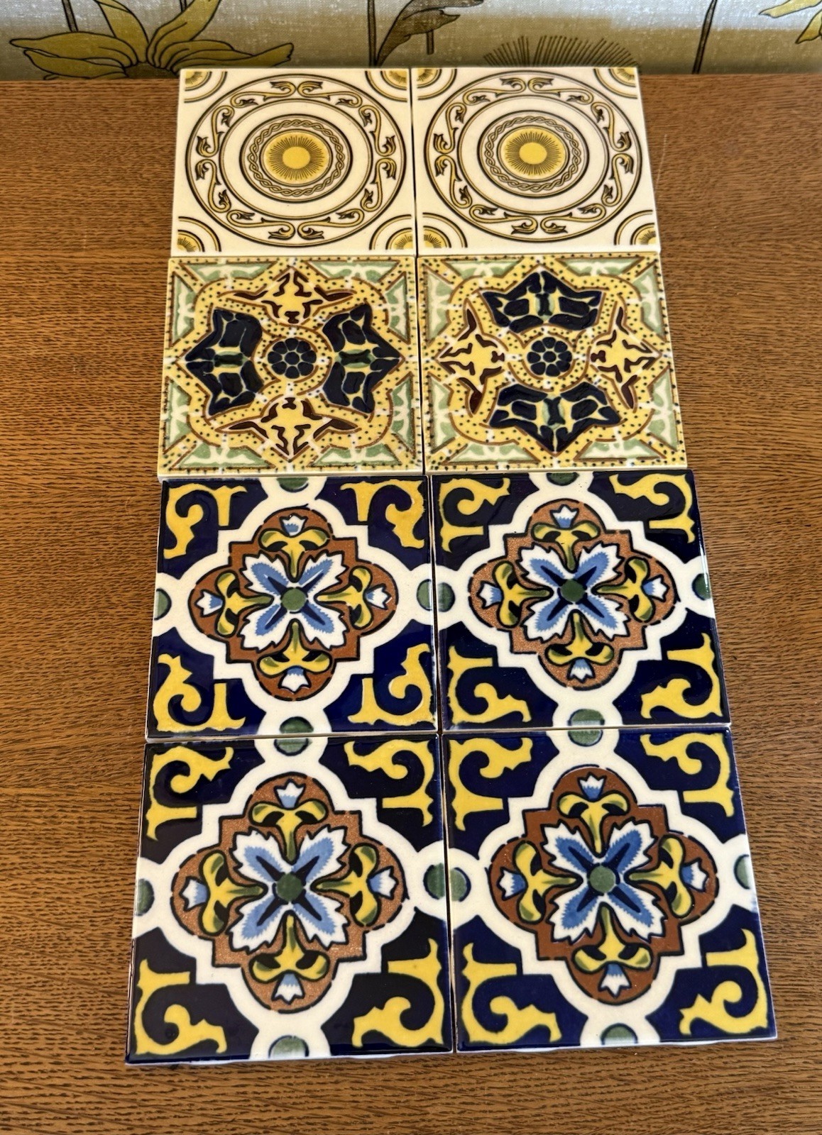 8 Pc’s Of Dal Tile 4 1/4” Multi-colored Pattern Tile Glossy Finish Blue Yellow