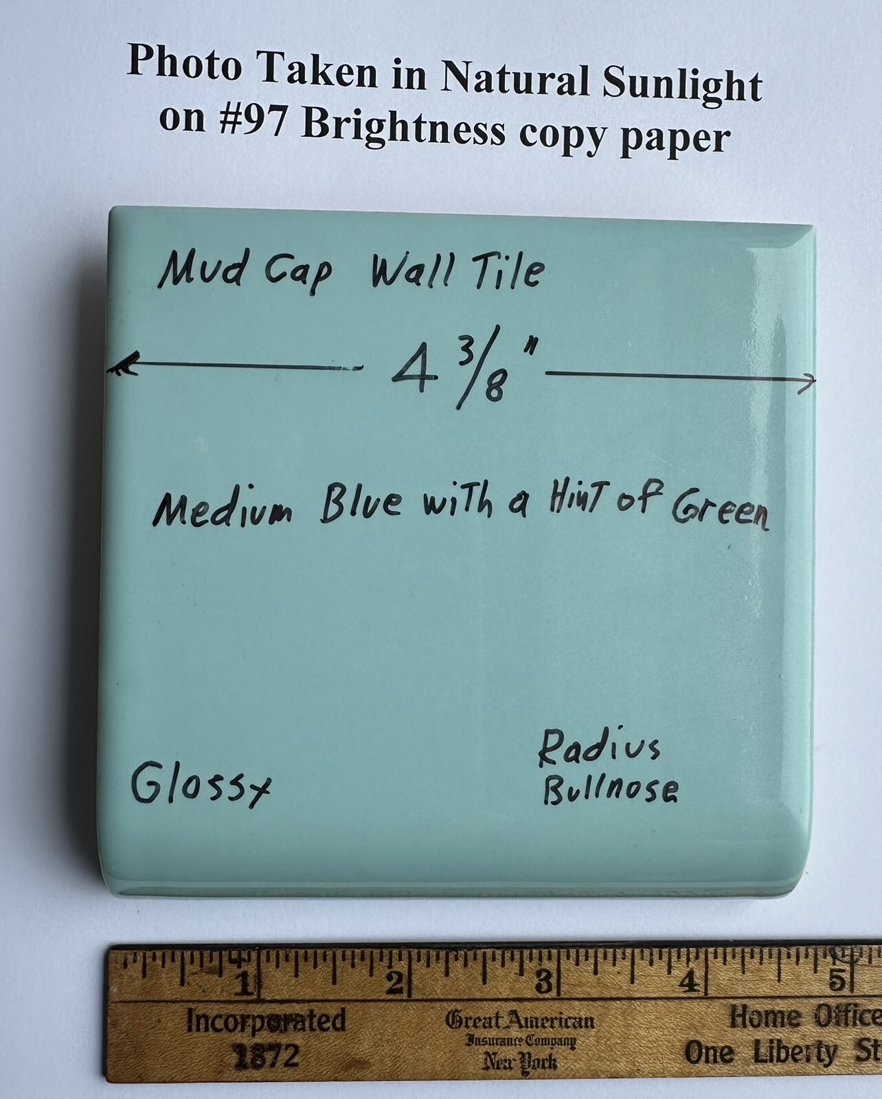 1pc. Blue + hint of green: Radius Bullnose Ceramic Tile 4-3/8″: Glossy, Mud Cap