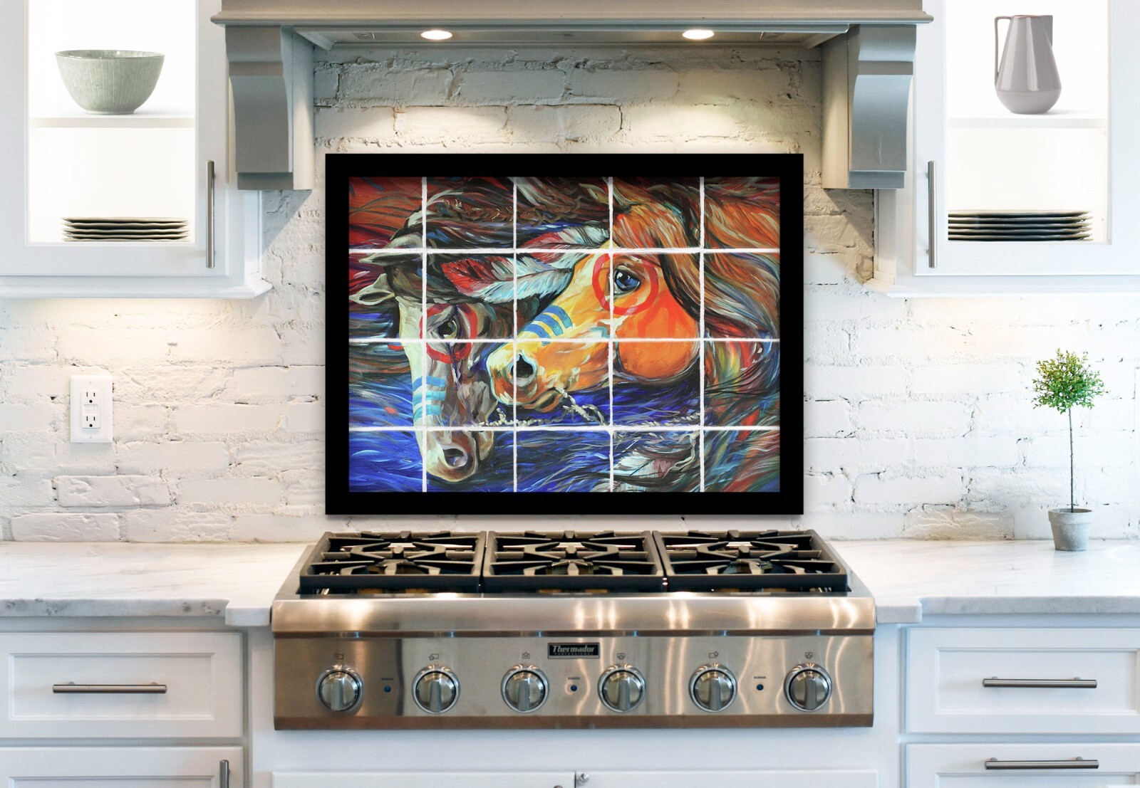 ready to hang ceramic tile mural backsplash three feathers indian war ponies.