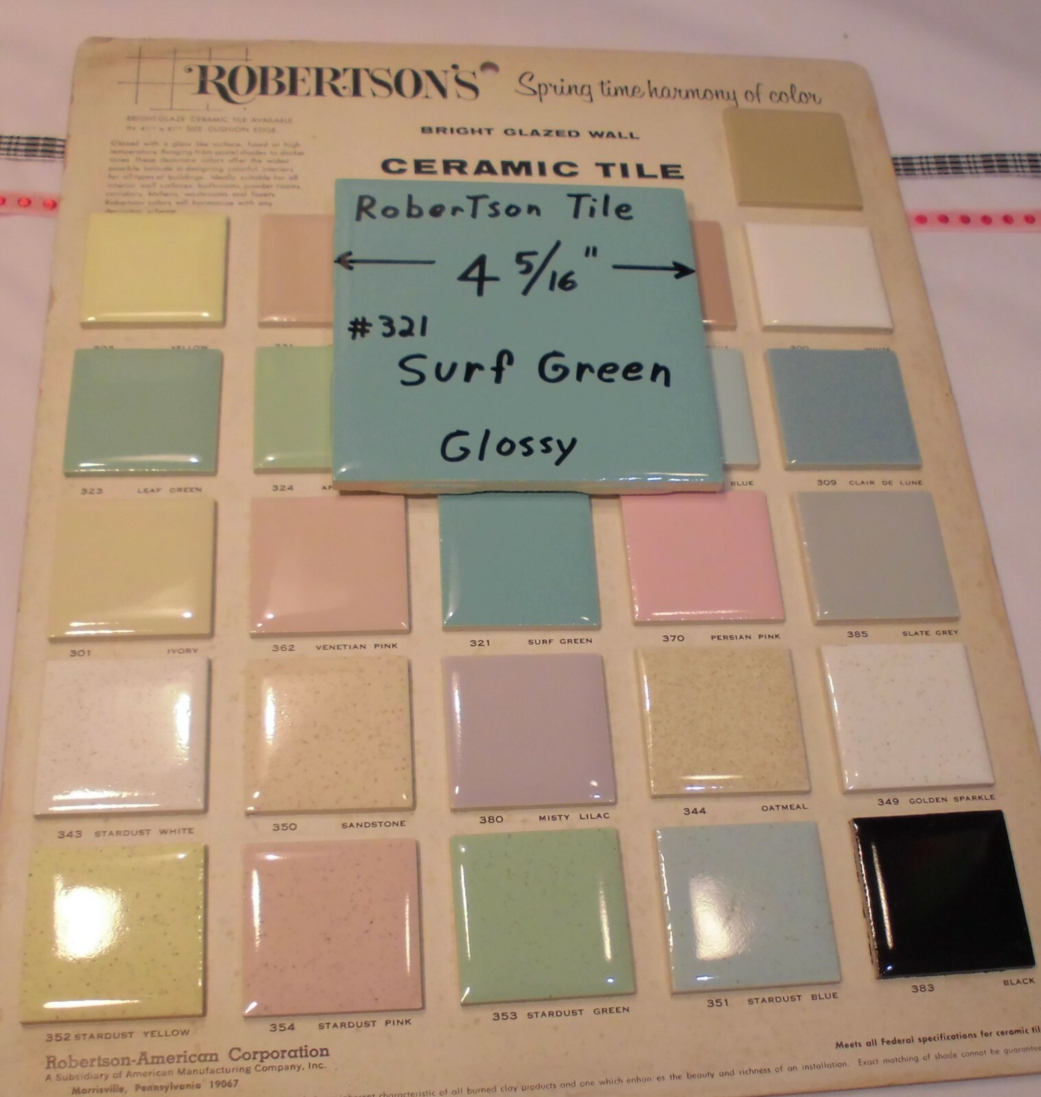 1 pc. Vintage Ceramic Tile *Blue-Greenest* 4-3/8″ by Robertson Tile Co. (NOS)