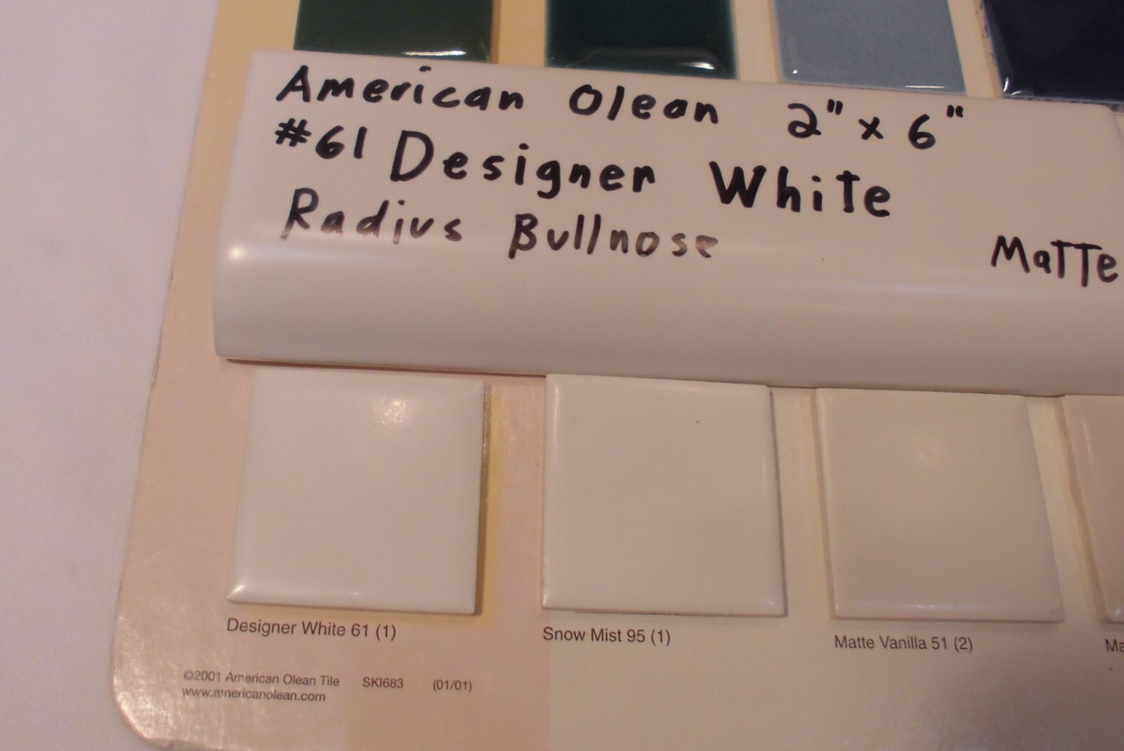 1pc. Matte Designer White 2″ X 6″ X 5/8″ Ceramic Radius Bullnose Tile, Mud-Cap